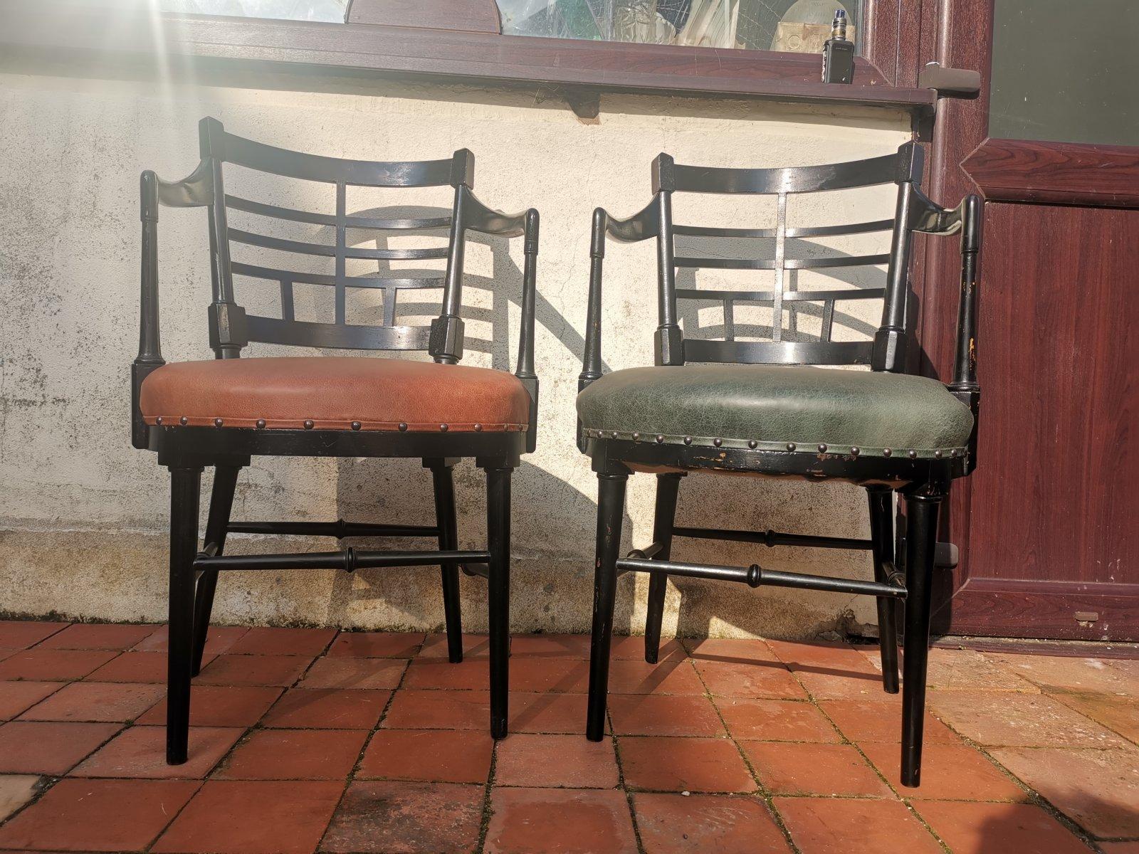 Leather E W Godwin Style of Two Jacobean or Old English Aesthetic Movement Armchairs For Sale