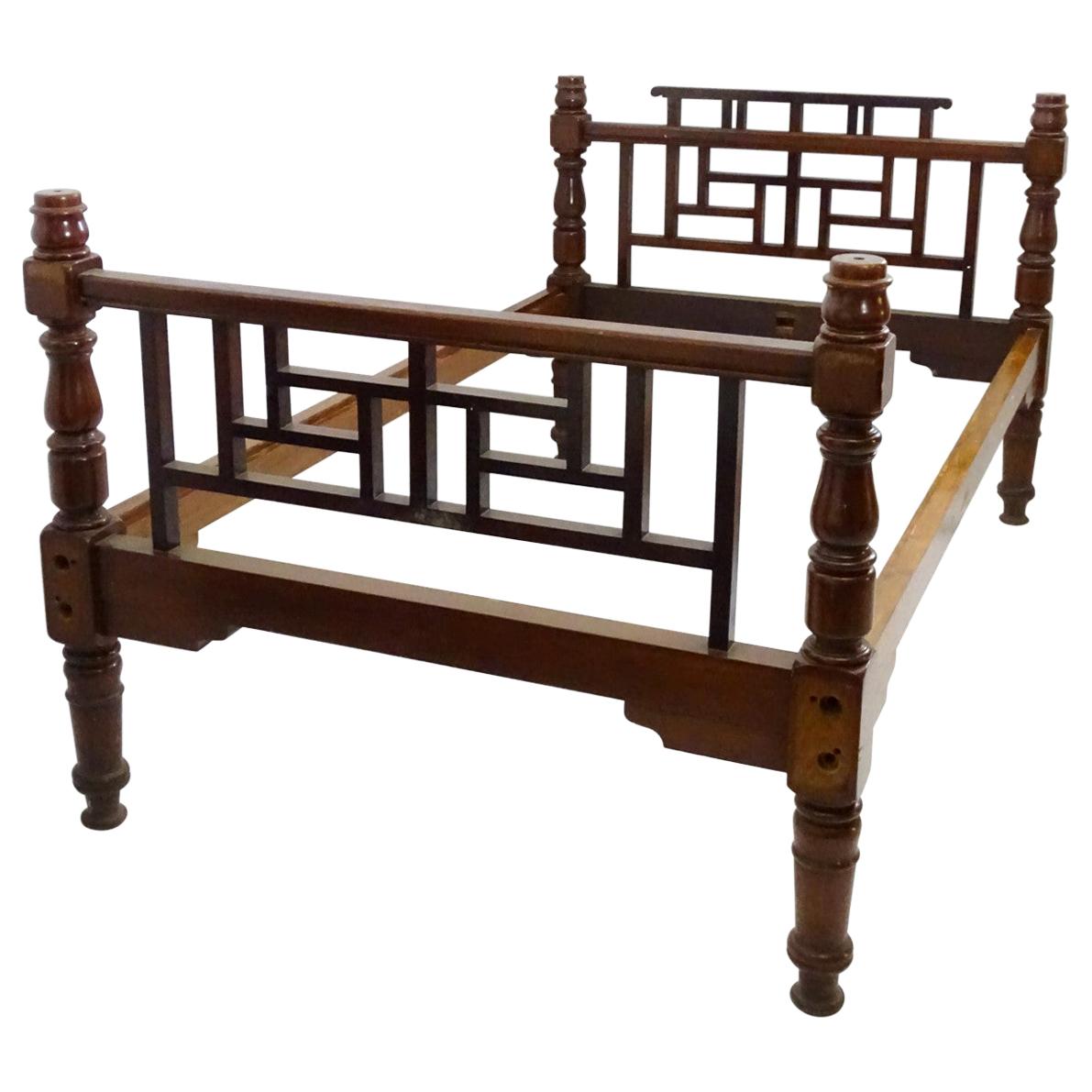 E W Godwin Style Rare Anglo-Japanese Walnut Double Bed with Lattice Work Details