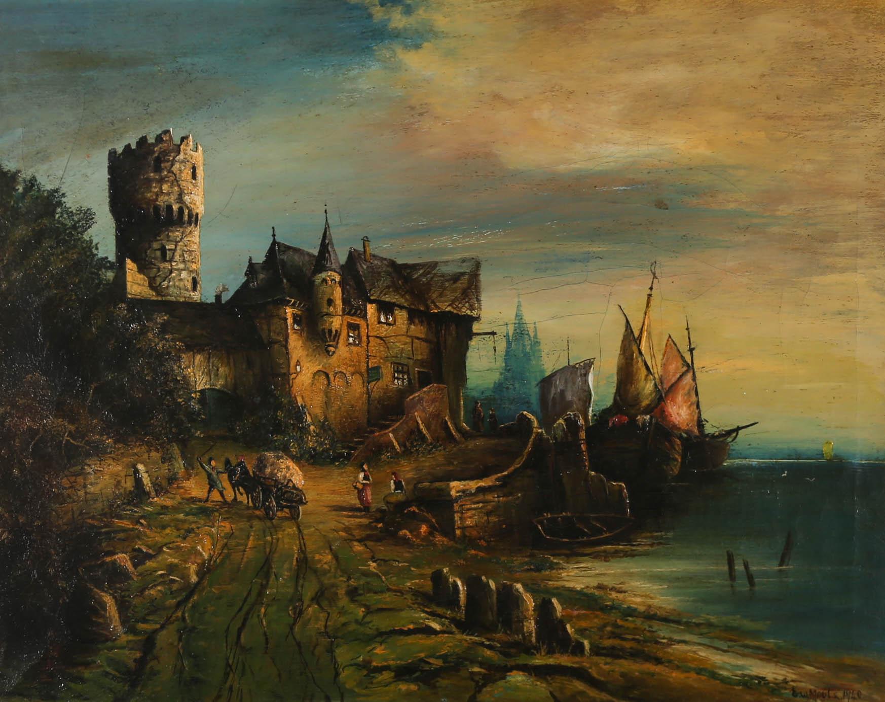 E. W. Moule  - 1940 Óleo, Puesta de sol sobre la ciudad portuaria 1