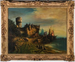 W. Moule Ölgemälde, Sonnenuntergang über der Hafenstadt, 1940
