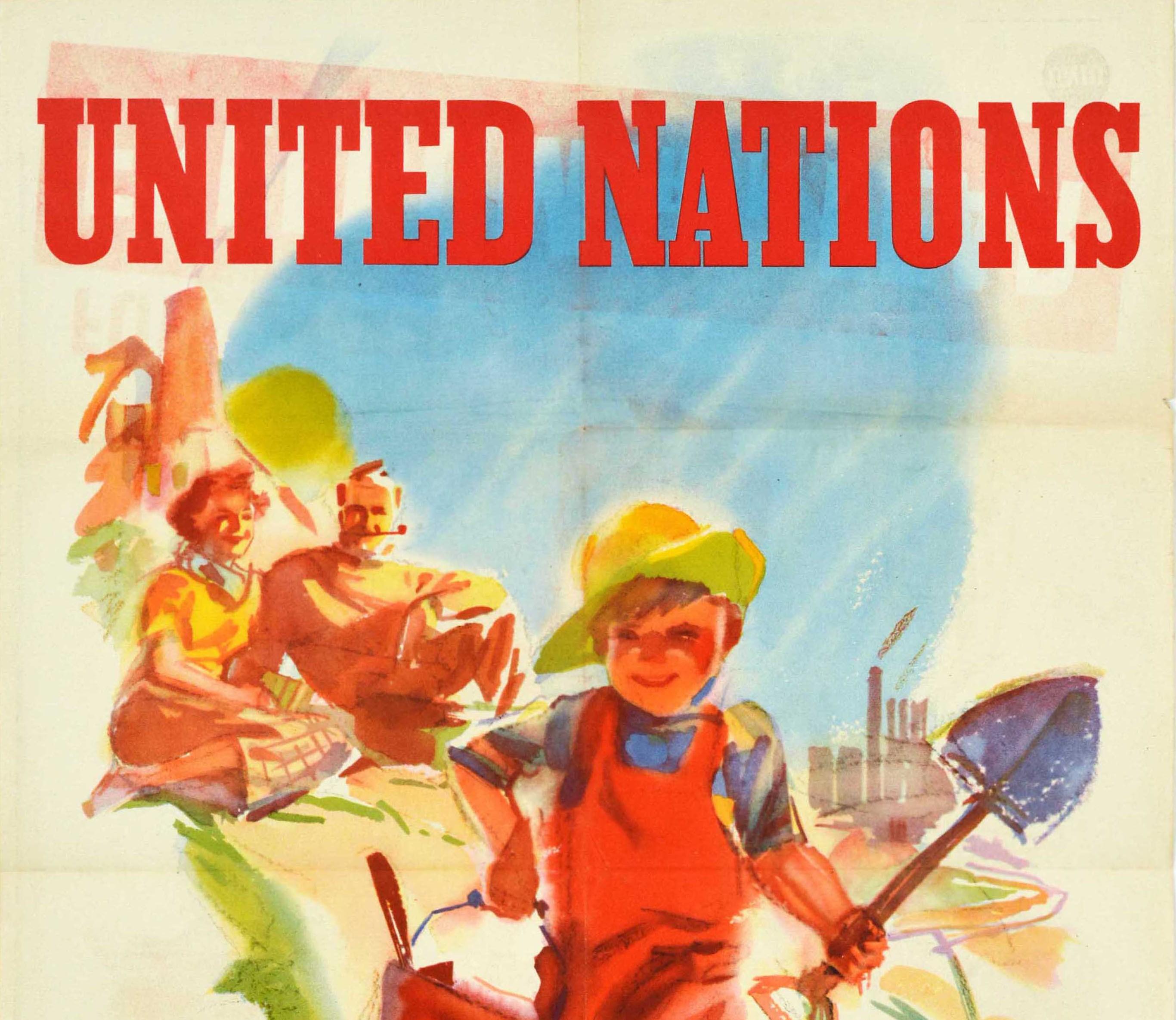 Original Vintage Poster United Nations For Freedom From Fear Seaside Beach Art - Print by E. White