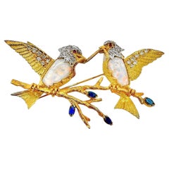 Used E. Wolf & Co 18k Gold, Opal, Sapphire & Diamond Brooch with 2 Birds on a Branch