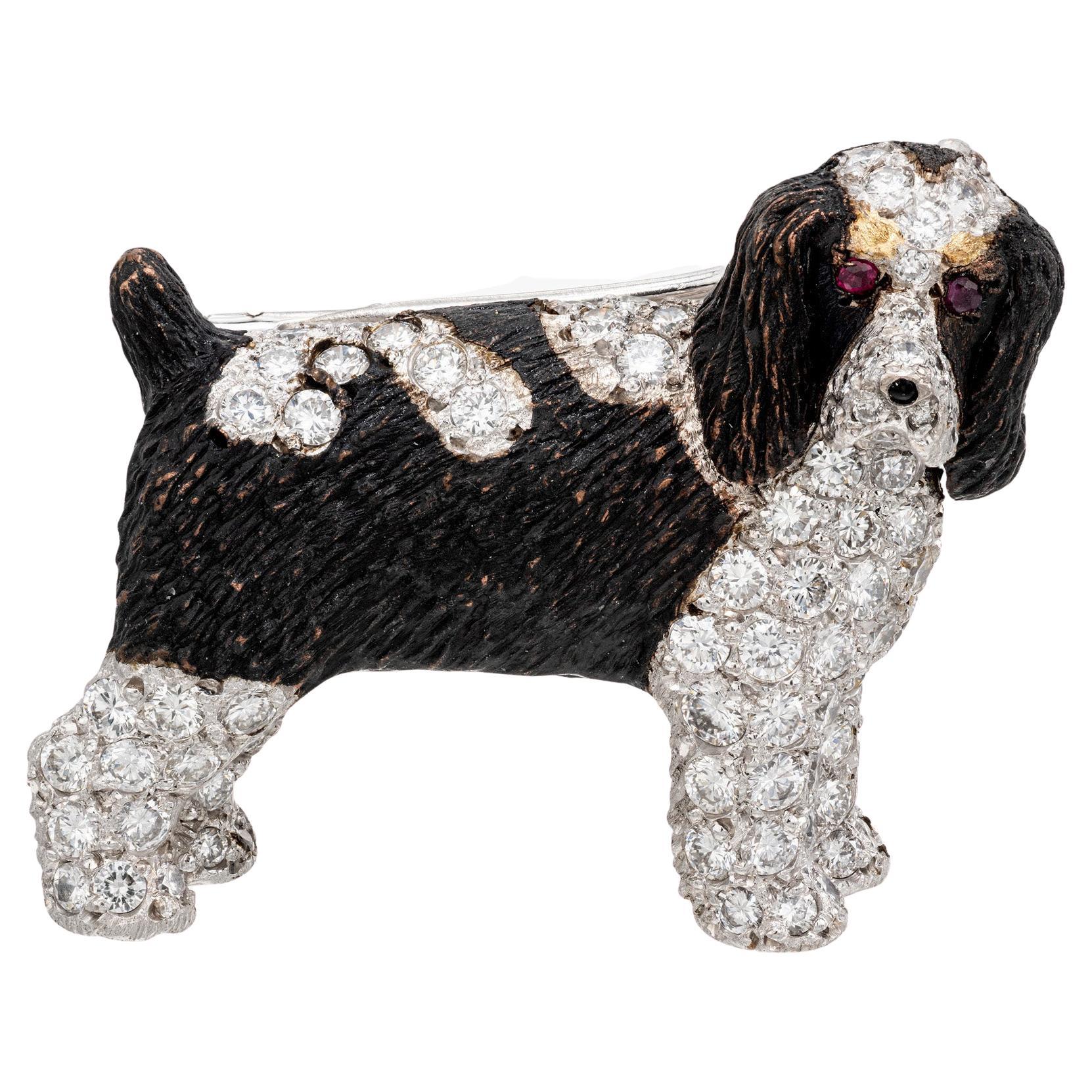 E. Wolfe 2,51 Carati Brittany Springer Spaniel Diamante Rubino Oro Spilla per Cani
