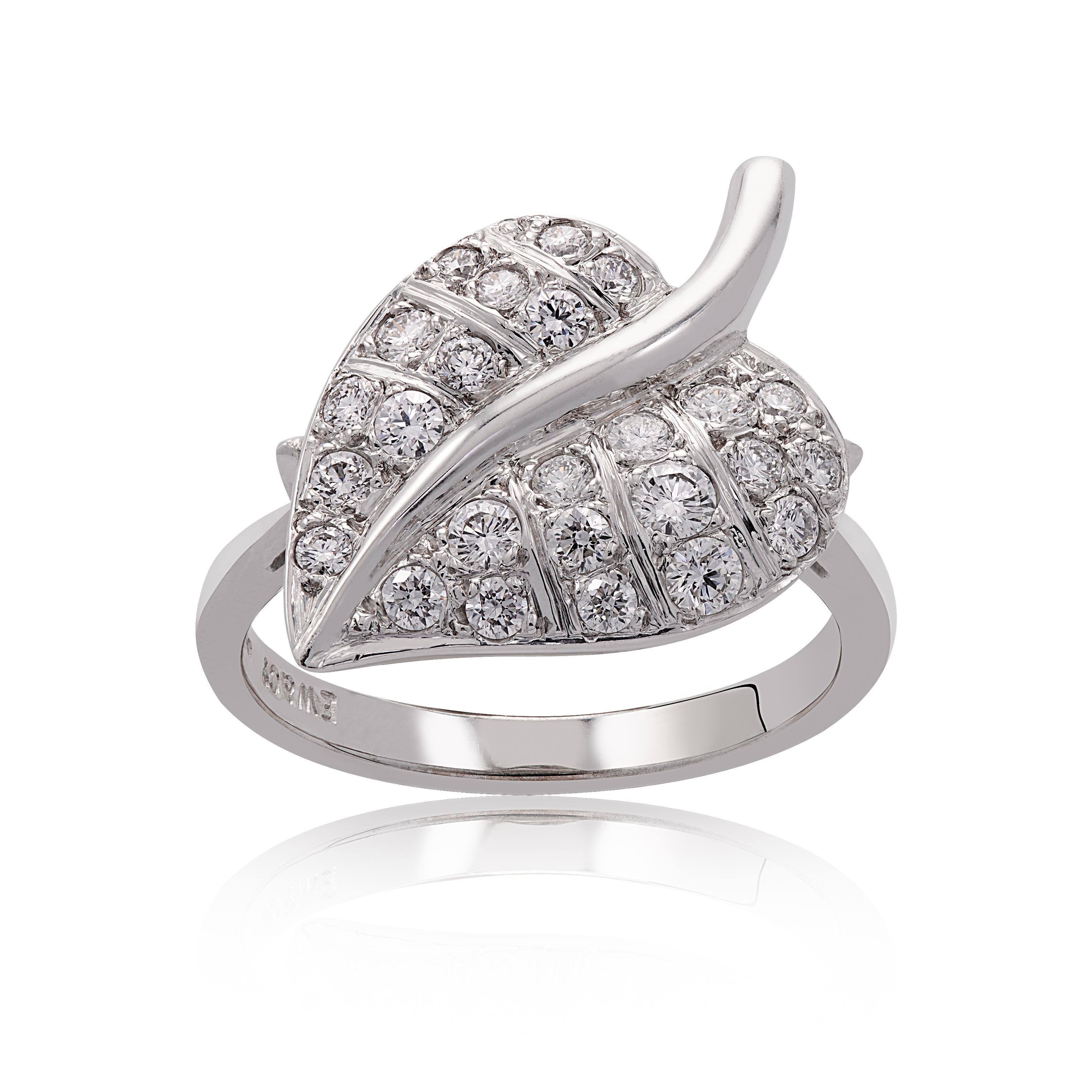 E Wolfe & Company Handmade 18ct White Gold Diamond-set Leaf Ring. This handmade leaf ring has had delicate veins and lots of realistic detail carved into it and is set with .55 carats of round brilliant-cut, G colour and VS clarity diamonds. The