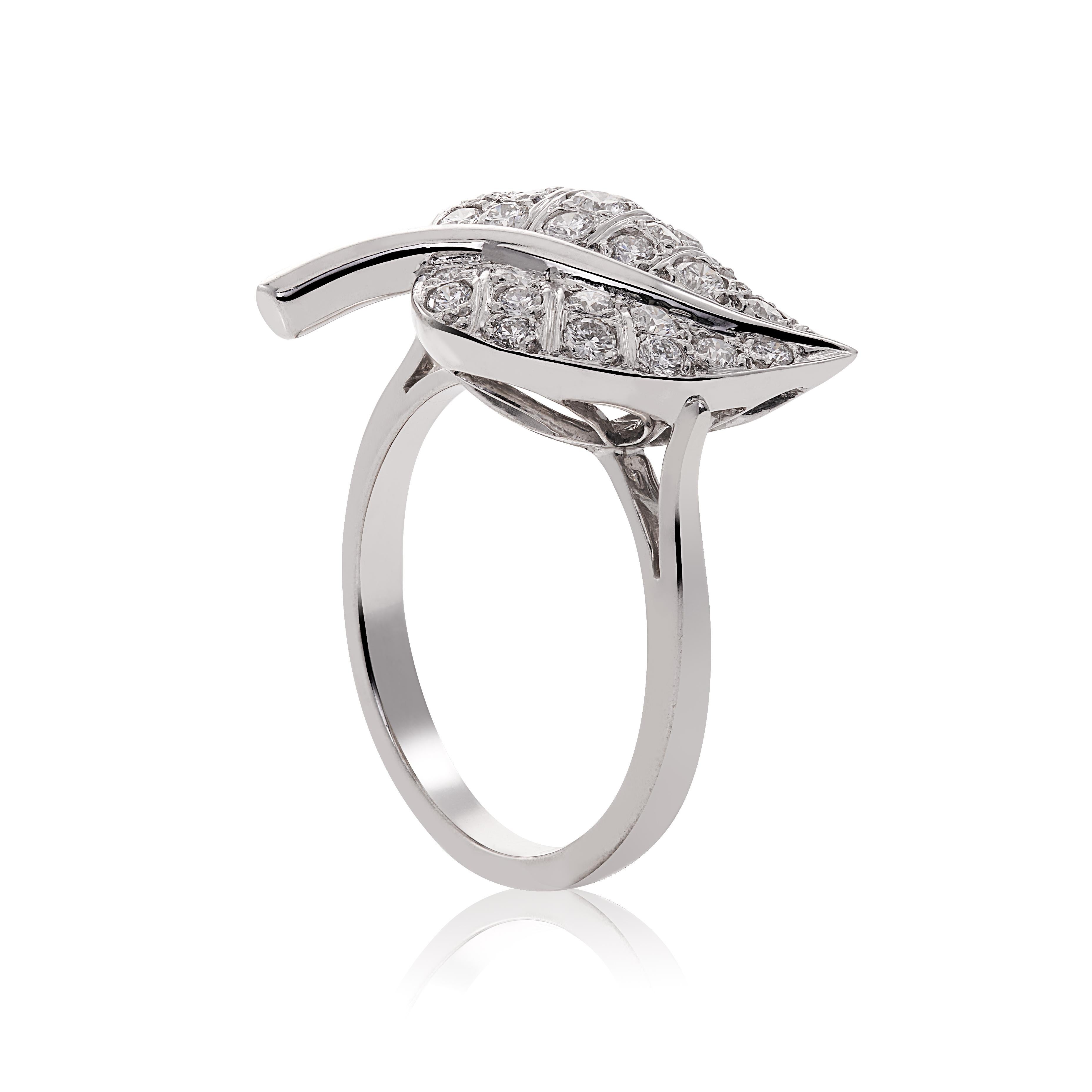 Contemporary E Wolfe and Company 18ct White Gold Diamond-Set Leaf Ring For Sale