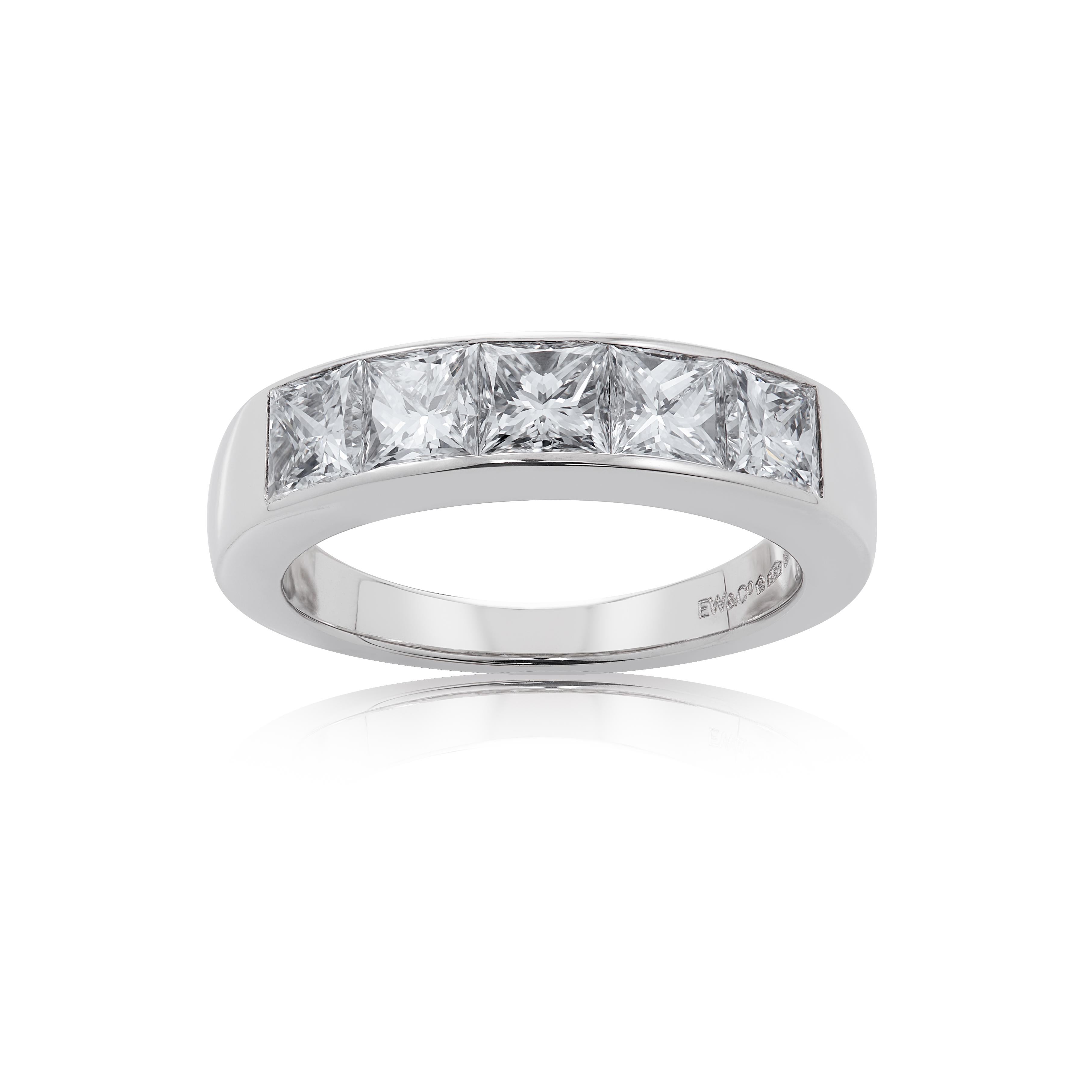E Wolfe & Company handmade five-stone princess-cut diamond ring made in Platinum. The ring contains five princess-cut diamonds of G colour and VS clarity which collectively weigh 1.86 carats. It was handmade at our London Workshop during 2021 and