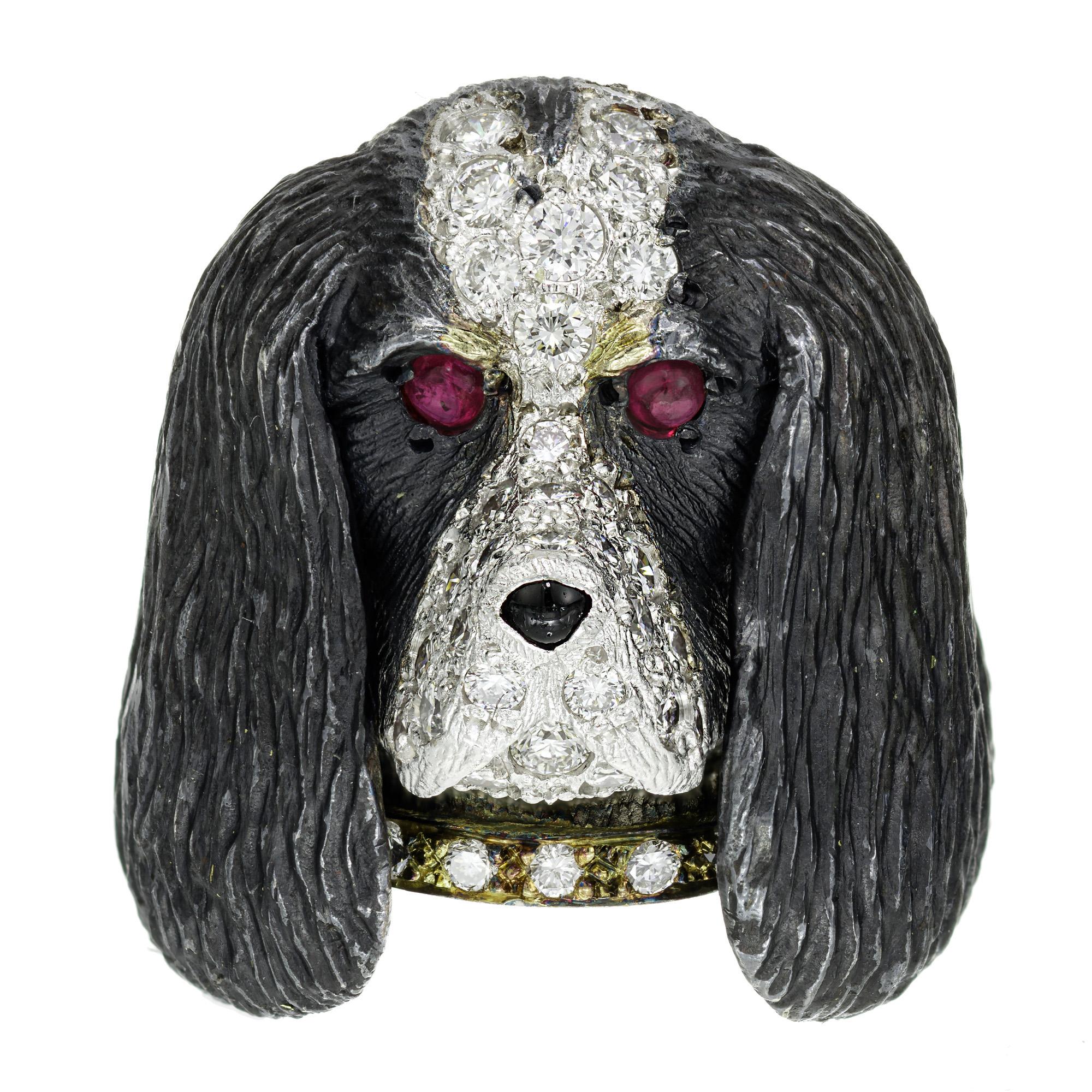 E. Wolfe Brittany oder Springer Spaniel Diamant Rubin Weißgold Hund Manschettenknöpfe. 

70 runde Diamanten, je 0,08ct, Gesamtgewicht ca. 5,60cts
4 runde rote Rubine mit Cabochon, Gesamtgewicht ca. 0,08cts, VS
18k Weißgold
43.5 Gramm
Geprüft: