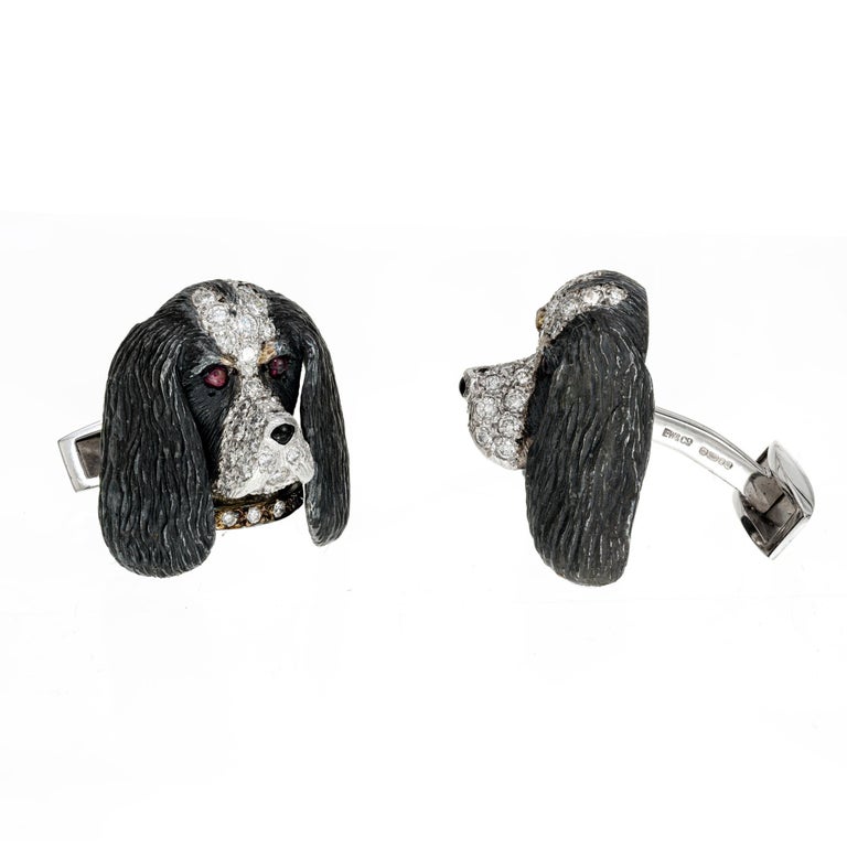 E. Wolfe Brittany or Springer Spaniel Diamond Ruby Gold Cufflinks For ...