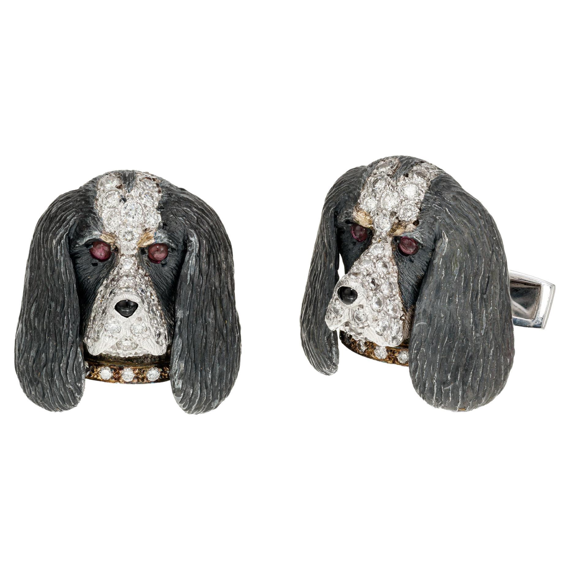 E. Wolfe Brittany or Springer Spaniel Diamond Ruby Gold Cufflinks For Sale