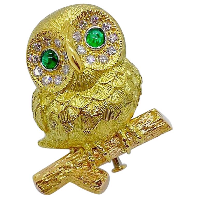 E. Wolfe & Co. 18 Karat Gold Owl Brooch .55 Carat Diamonds and Emerald Eyes