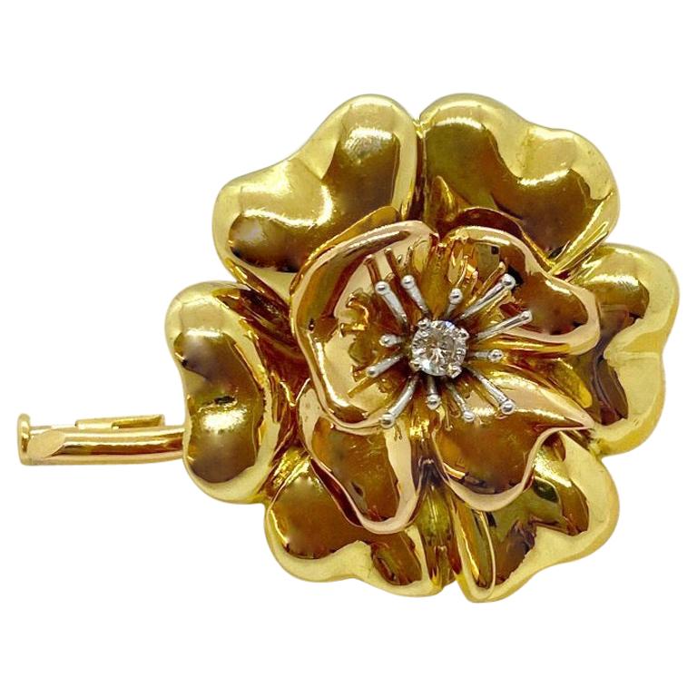 E. Wolfe & Co. 18 Karat Rose and Yellow Gold Flower Brooch with Diamond For Sale