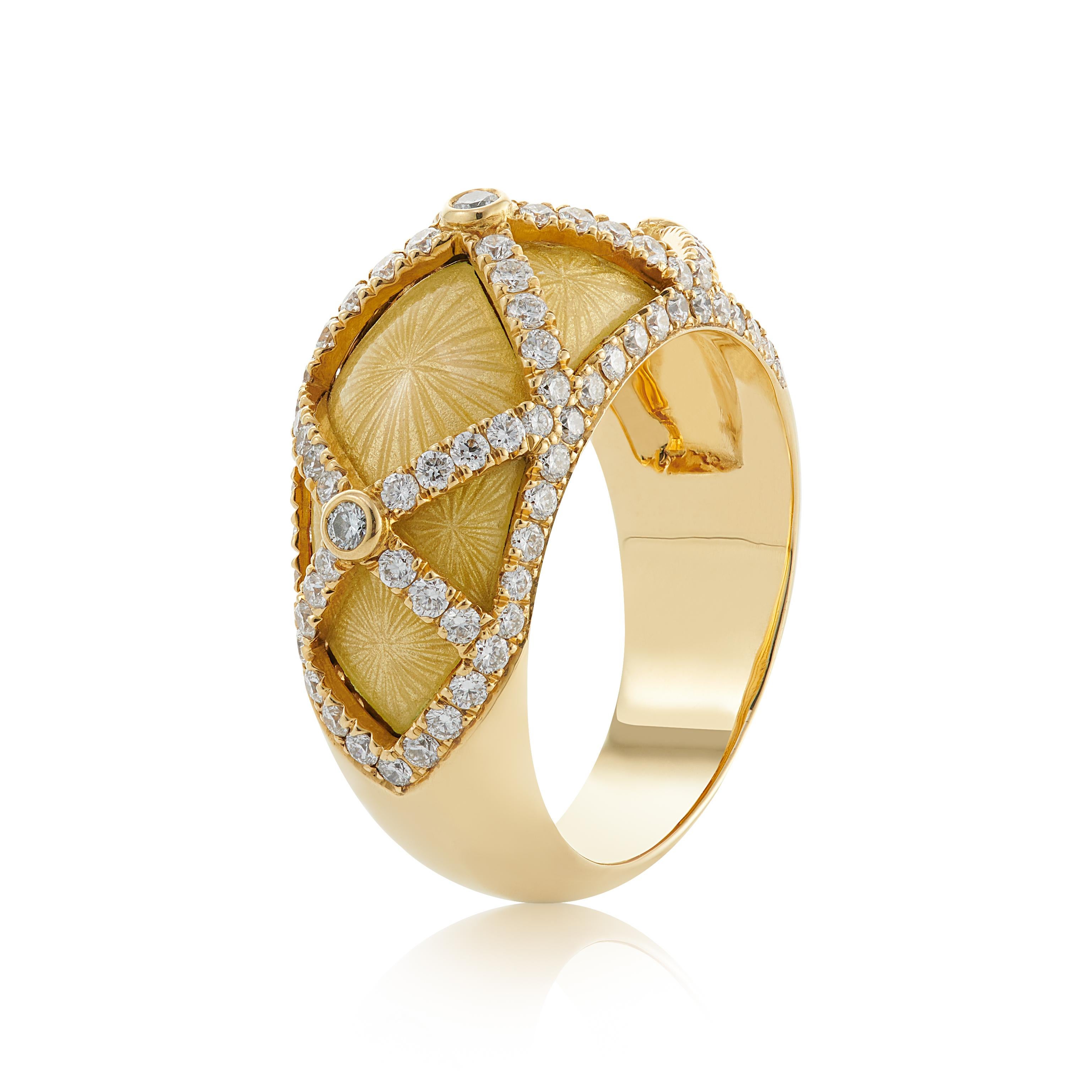 E Wolfe & Co Handmade 18 carat White Gold Yellow Enamel and Diamond Cocktail Ring. The ring has been yellow enamelled with vitreous enamel in a radiating pattern and the diamond lattice-detail applied on top of this. The diamond detail contains a