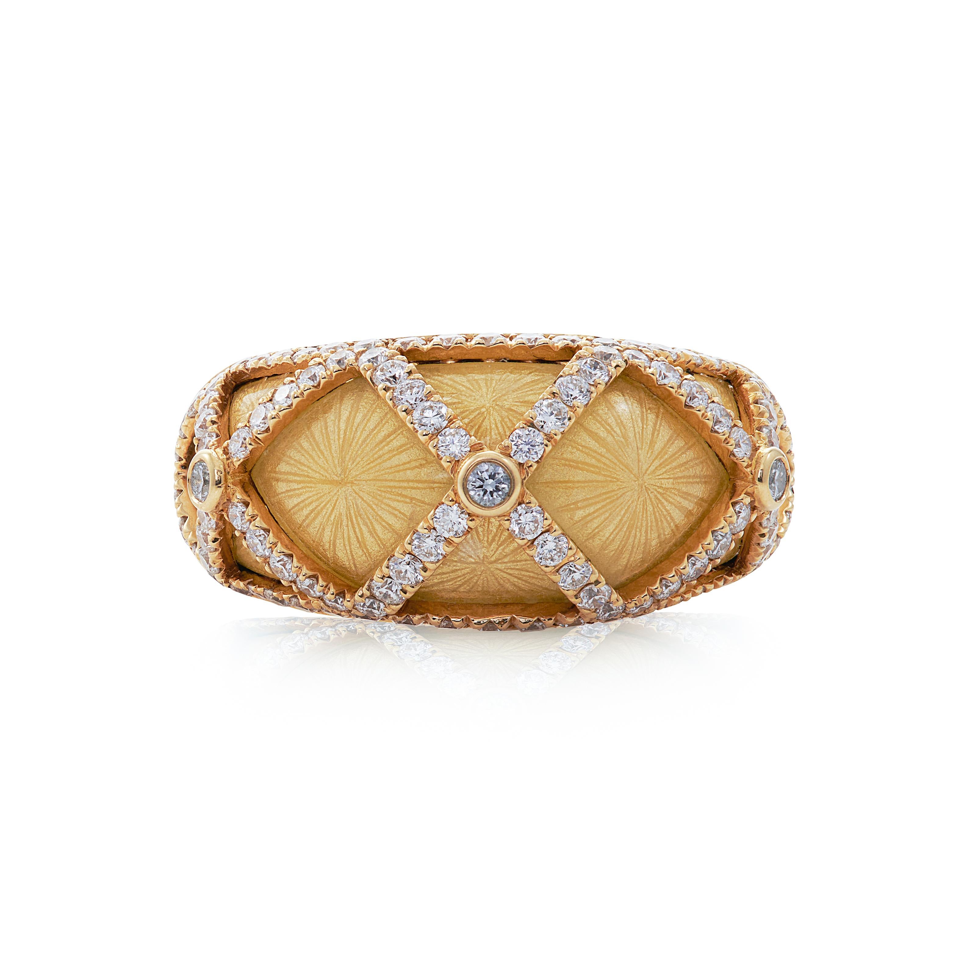 Contemporary E Wolfe & Co 18ct White Gold Yellow Enamel and Diamond Cocktail Ring For Sale