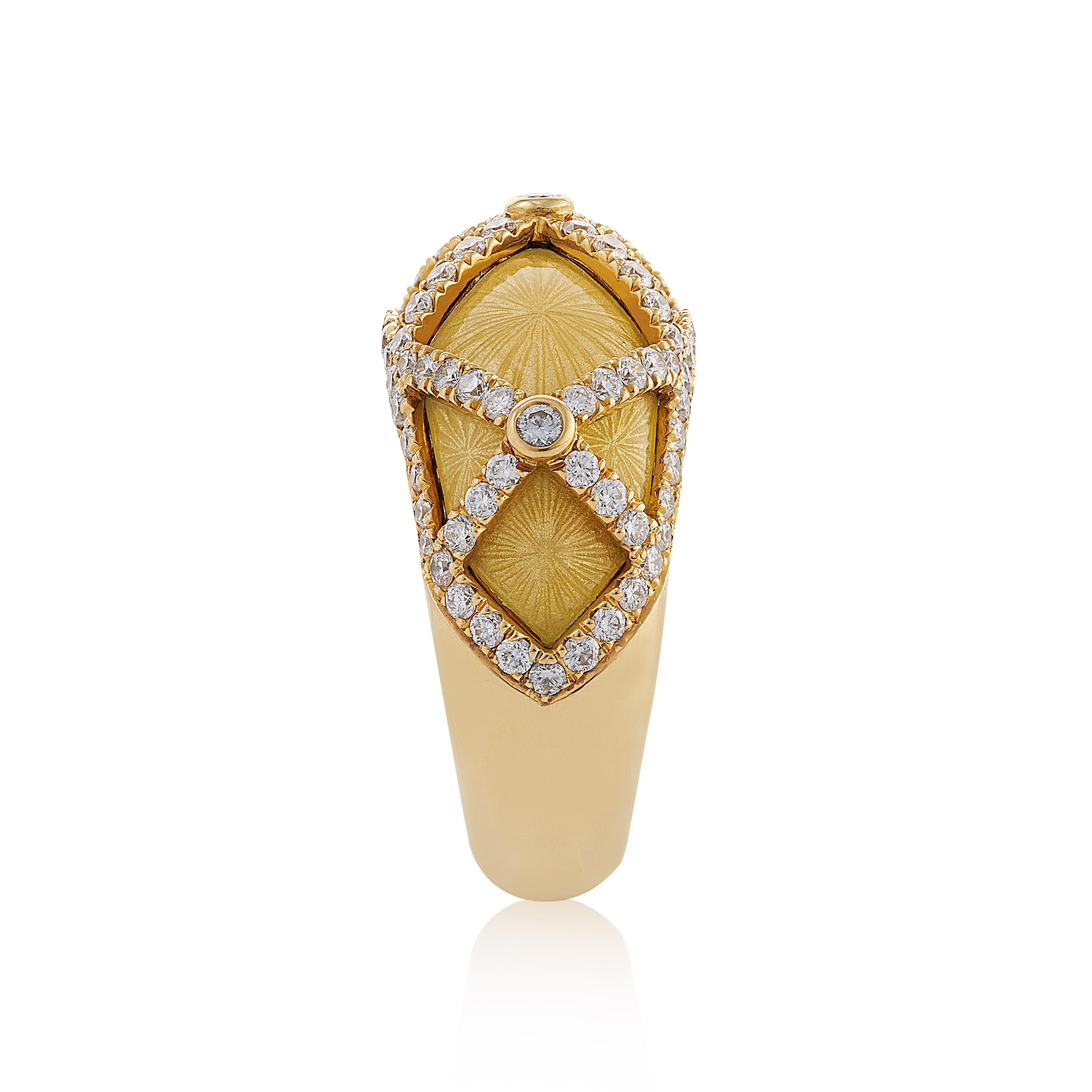 Brilliant Cut E Wolfe & Co 18ct White Gold Yellow Enamel and Diamond Cocktail Ring For Sale