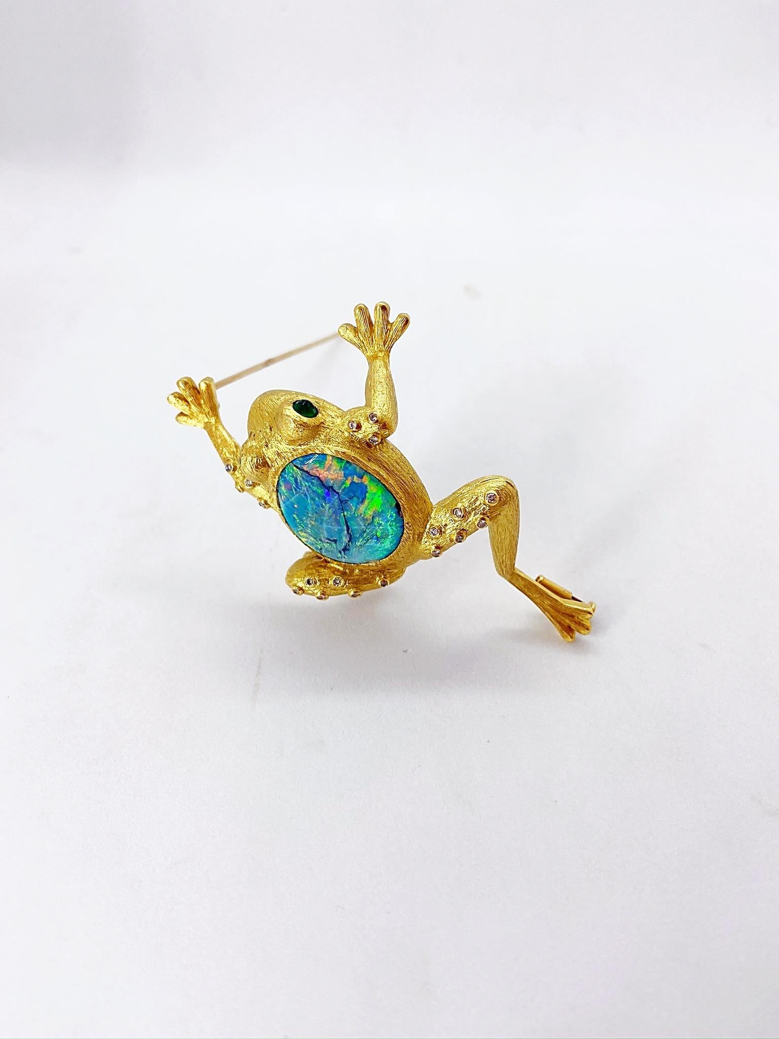 Retro E. Wolfe & Co 18kt Gold Frog Brooch with 9.60ct Black Opal, Diamonds & Emeralds For Sale