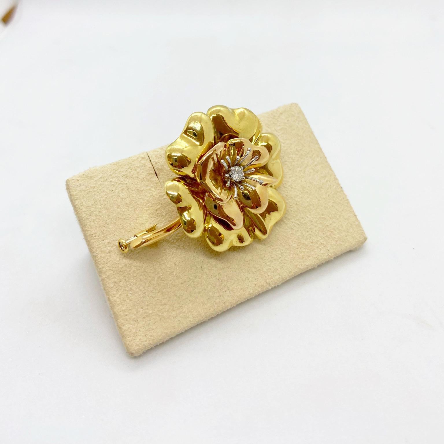 Retro E. Wolfe & Co. 18 Karat Rose and Yellow Gold Flower Brooch with Diamond For Sale