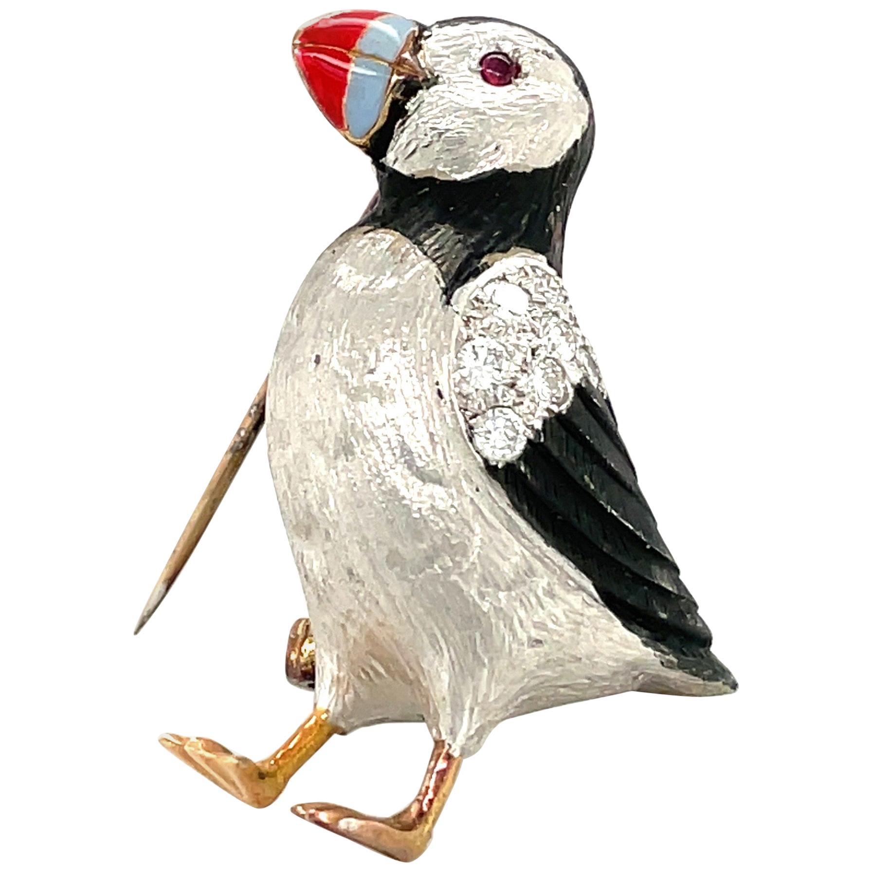 E. Wolfe & Co. 18KT White Gold Diamond 0.35CT Puffin Brooch For Sale