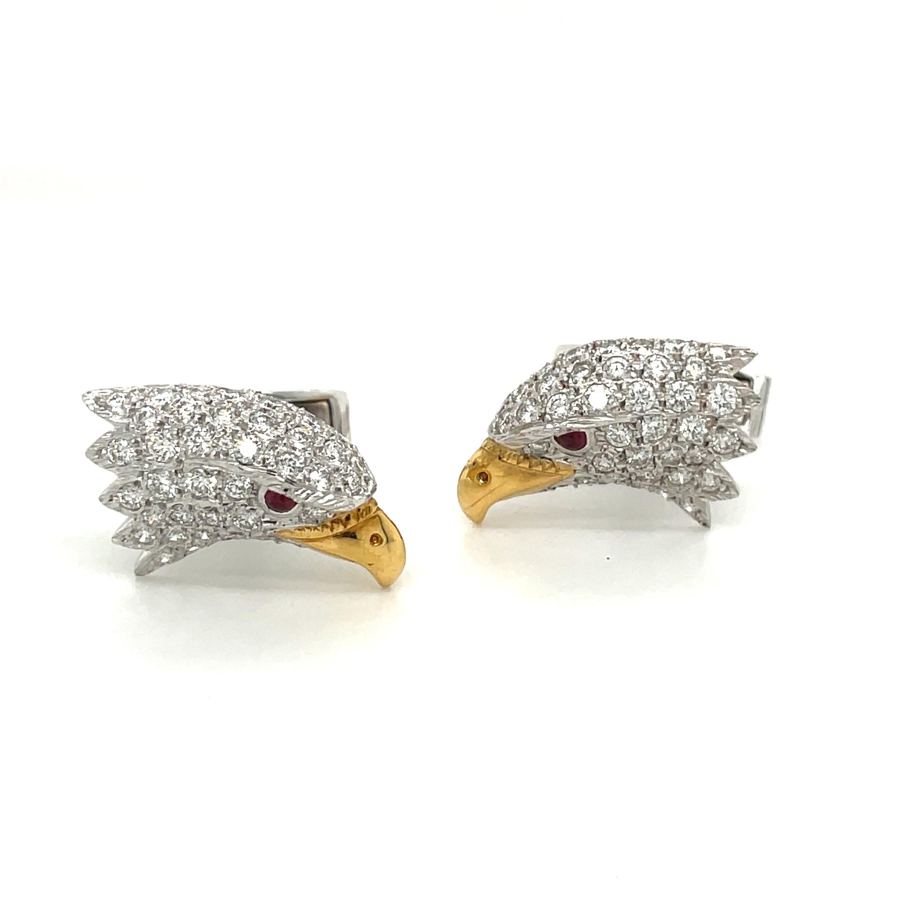 Contemporain E. Wolfe & Co. Boutons de manchette tête d'aigle en or blanc 18 carats et diamants 2,55 carats en vente
