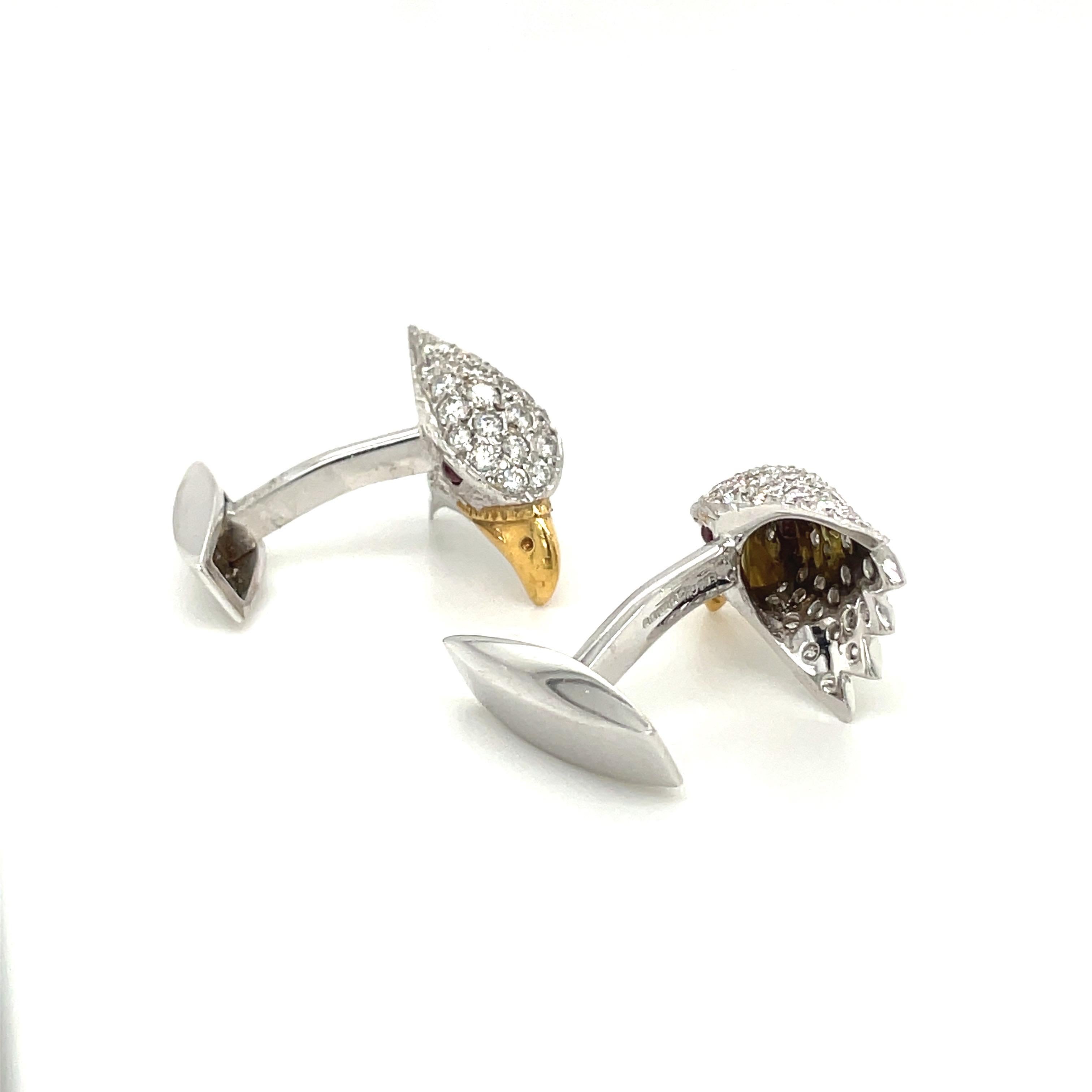 Round Cut E. Wolfe & Co. 18kt White Gold Diamond 2.55ct Eagle Head Cuff Links For Sale