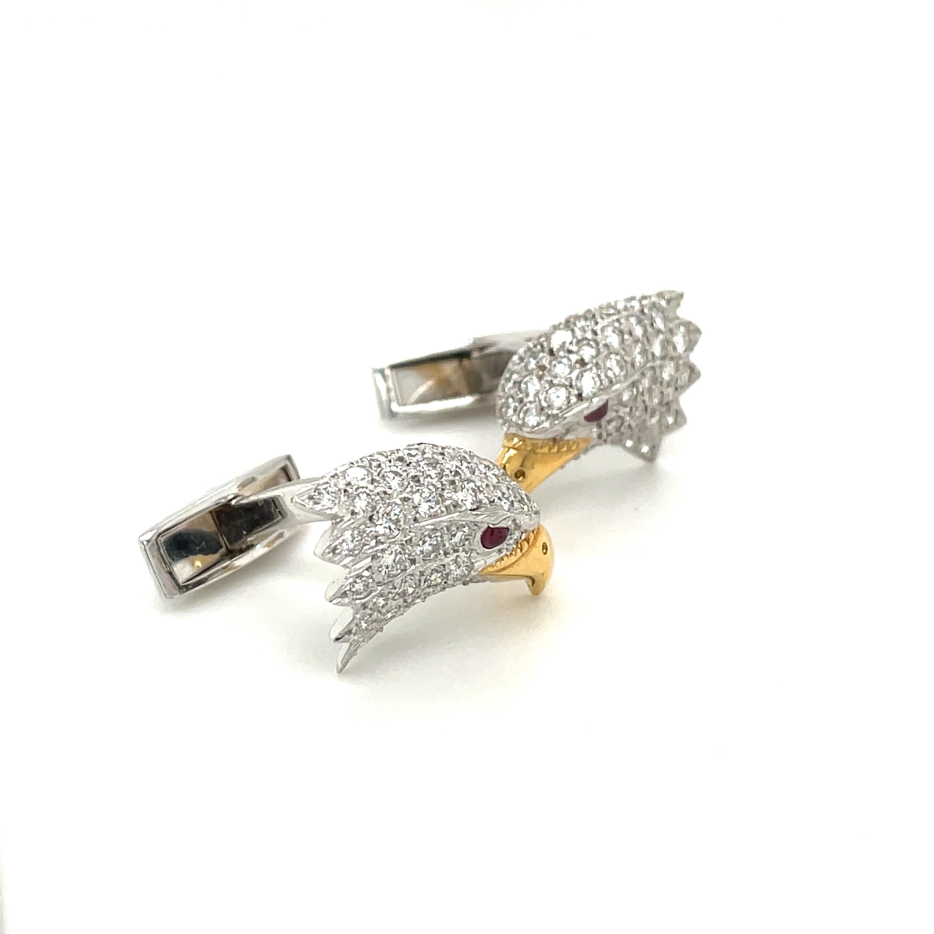 E. Wolfe & Co. 18kt White Gold Diamond 2.55ct Eagle Head Cuff Links In New Condition For Sale In New York, NY