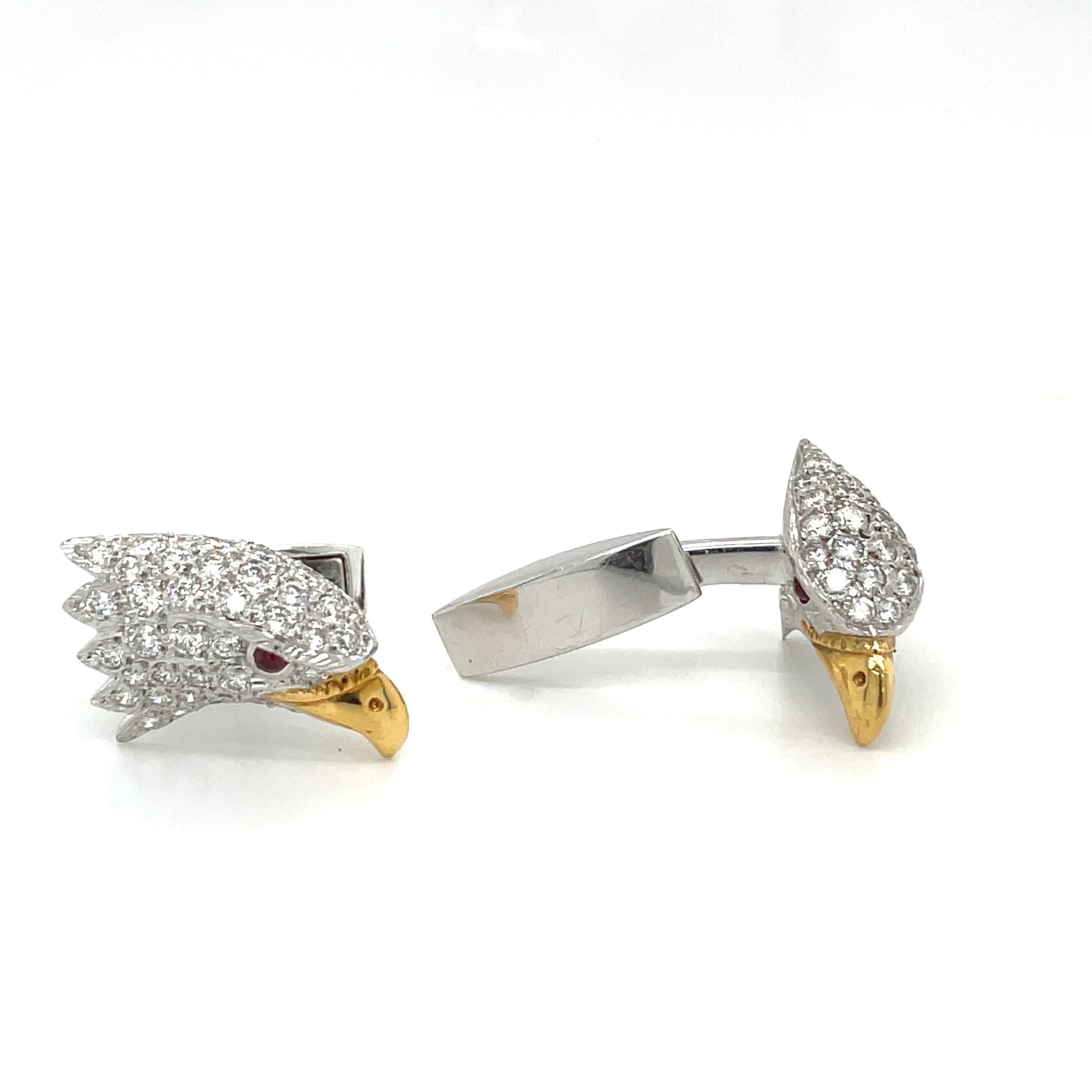 E. Wolfe & Co. Boutons de manchette tête d'aigle en or blanc 18 carats et diamants 2,55 carats Unisexe en vente