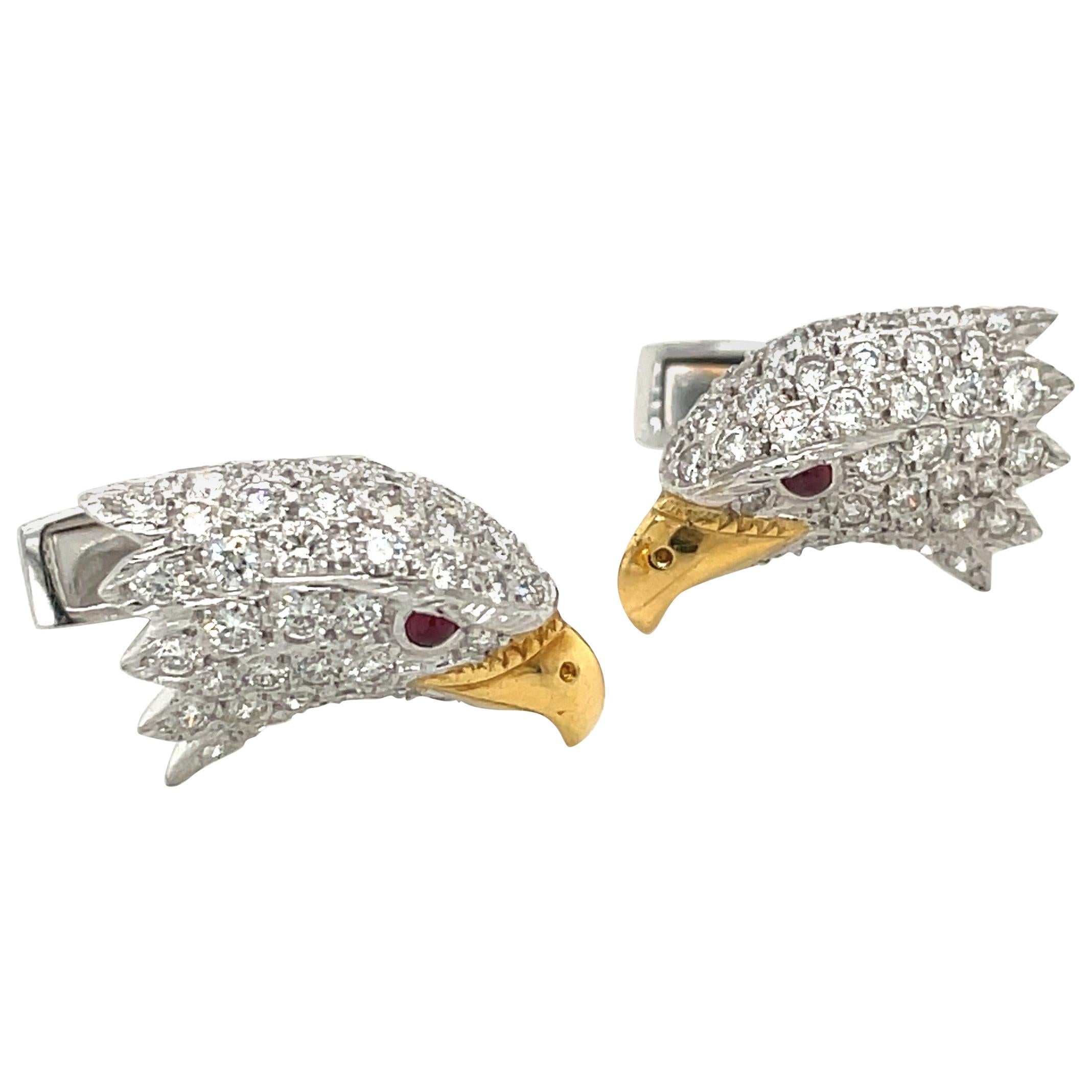 E. Wolfe & Co. Boutons de manchette tête d'aigle en or blanc 18 carats et diamants 2,55 carats