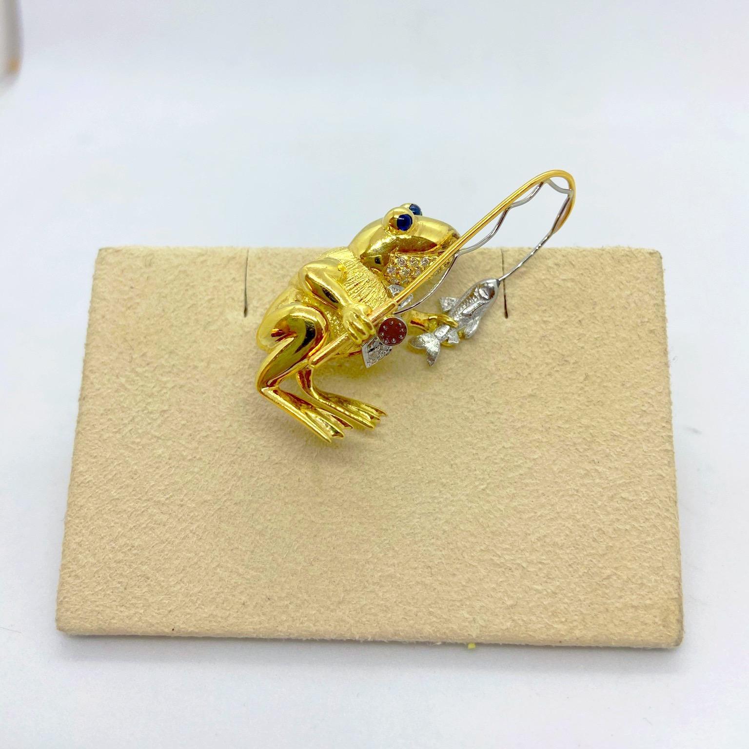 Contemporary E. Wolfe & Co. 18 Karat Yellow and White Gold Frog with a Fishing Pole Brooch For Sale