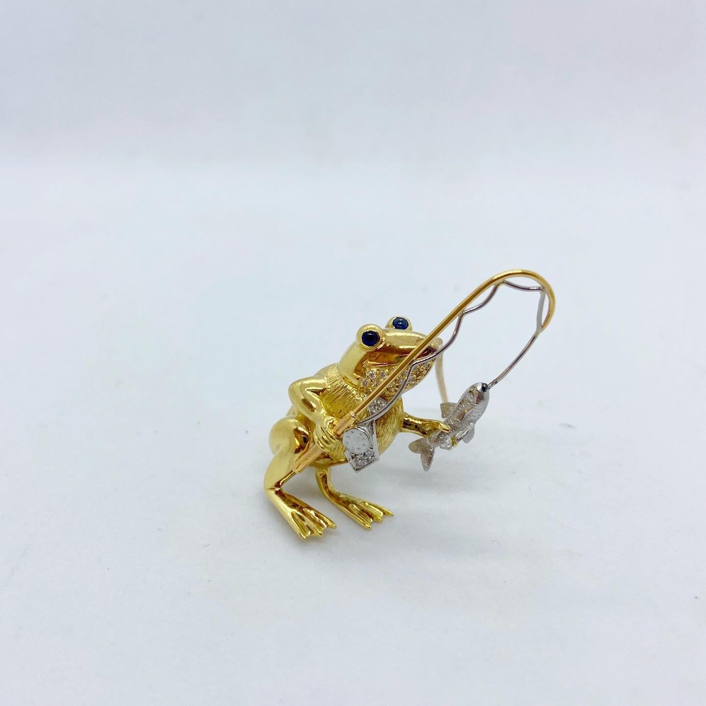 Round Cut E. Wolfe & Co. 18 Karat Yellow and White Gold Frog with a Fishing Pole Brooch For Sale