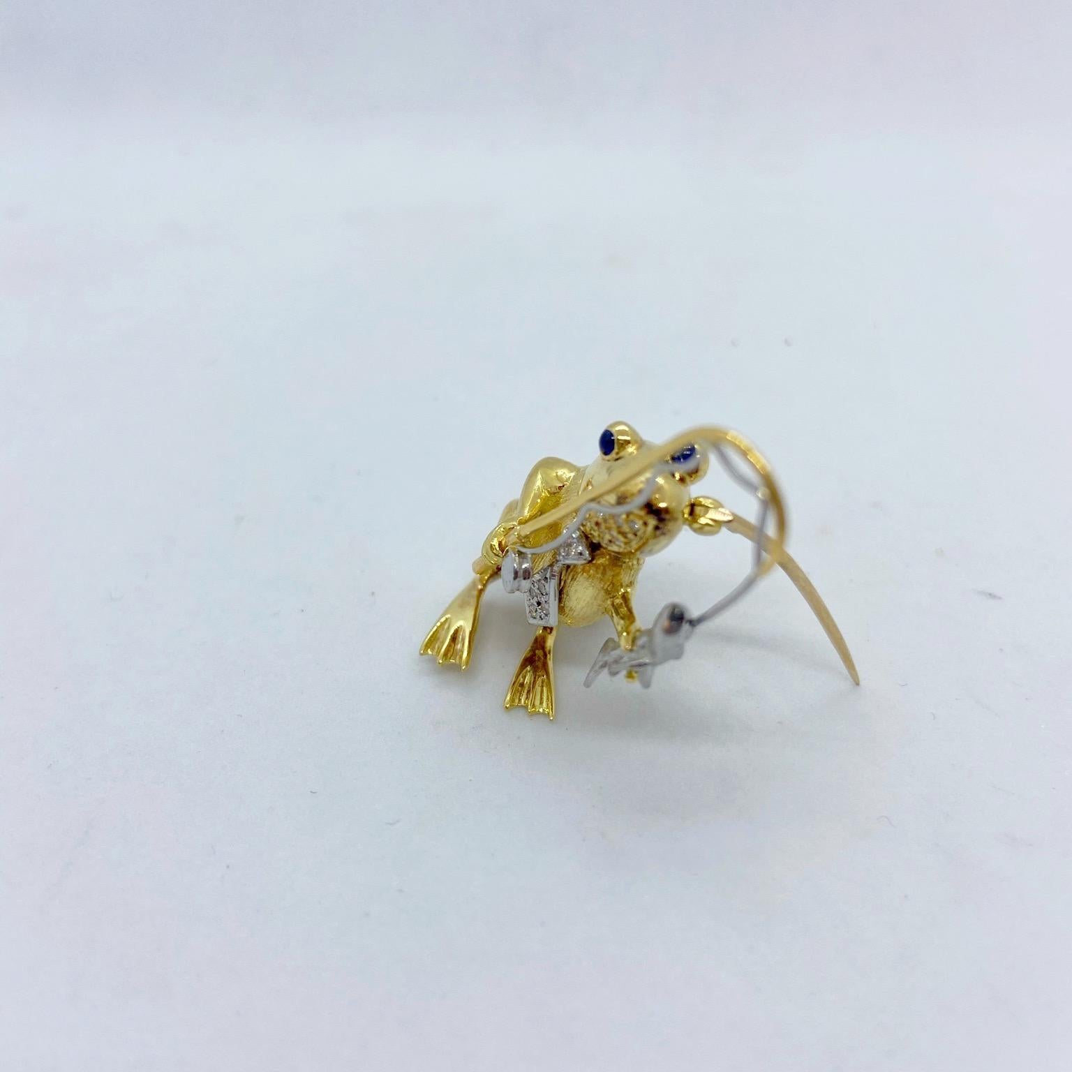 E. Wolfe & Co. 18 Karat Yellow and White Gold Frog with a Fishing Pole Brooch In New Condition For Sale In New York, NY