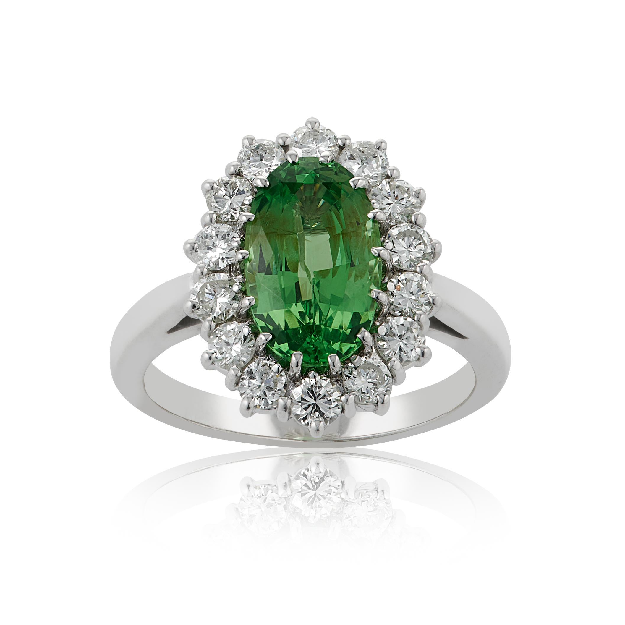E Wolfe & Co Handmade 18ct White Gold Tsavorite Garnet and Diamond Cluster Ring. The tsavorite centre stone weighs 3.08 carats and is surrounded by 14 round brilliant-cut diamonds weighing .89 carats which are of G colour and VS clarity. The ring