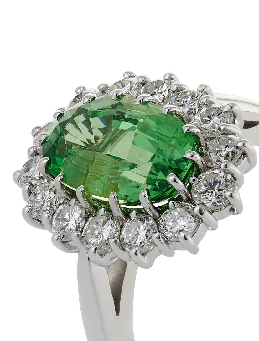 Oval Cut E Wolfe& Co 3.08 Carat Tsavorite Garnet and Diamond 18ct White Gold Cluster Ring For Sale