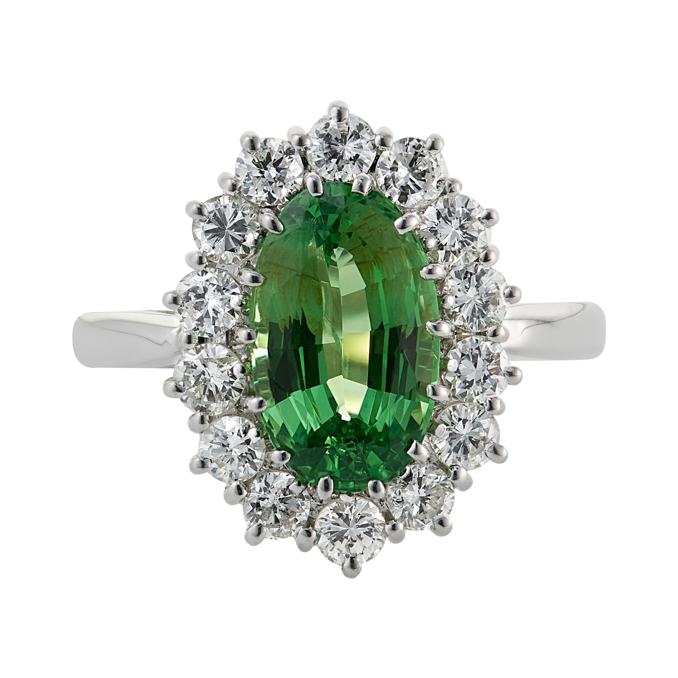 E Wolfe& Co 3.08 Carat Tsavorite Garnet and Diamond 18ct White Gold Cluster Ring