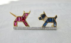 E. Wolfe & Co. Art Deco Dog Cat Brooch Sapphire Ruby Diamond
