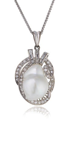 14 Carat White Gold Baroque Pearl and Diamond Pendant