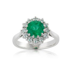 1.58 Carat Emerald and Diamond 18ct White Gold Cluster Ring