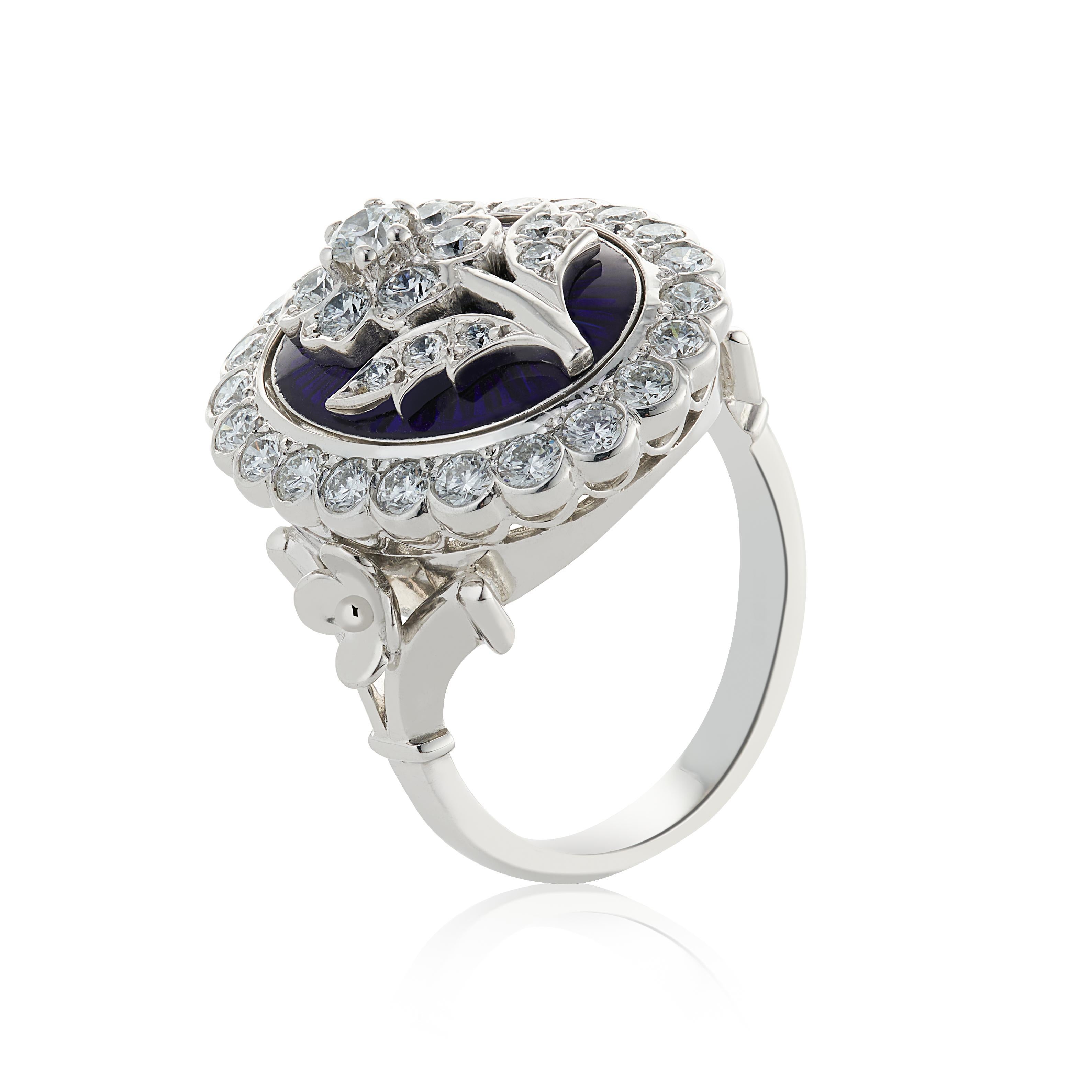 Modern 18 Carat White Gold Enamel and 1.52 Carats Diamond Flower Ring For Sale
