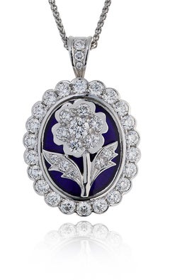 18 Carat White Gold Enamel and Diamond-Set Flower Pendant