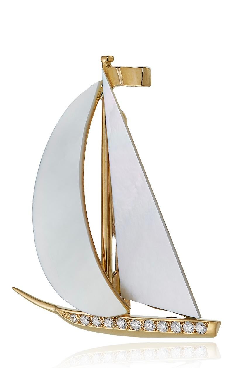 Modern E Wolfe & Company 18 Carat Yellow Gold and Mother of Pearl Sailing Boat Brooch