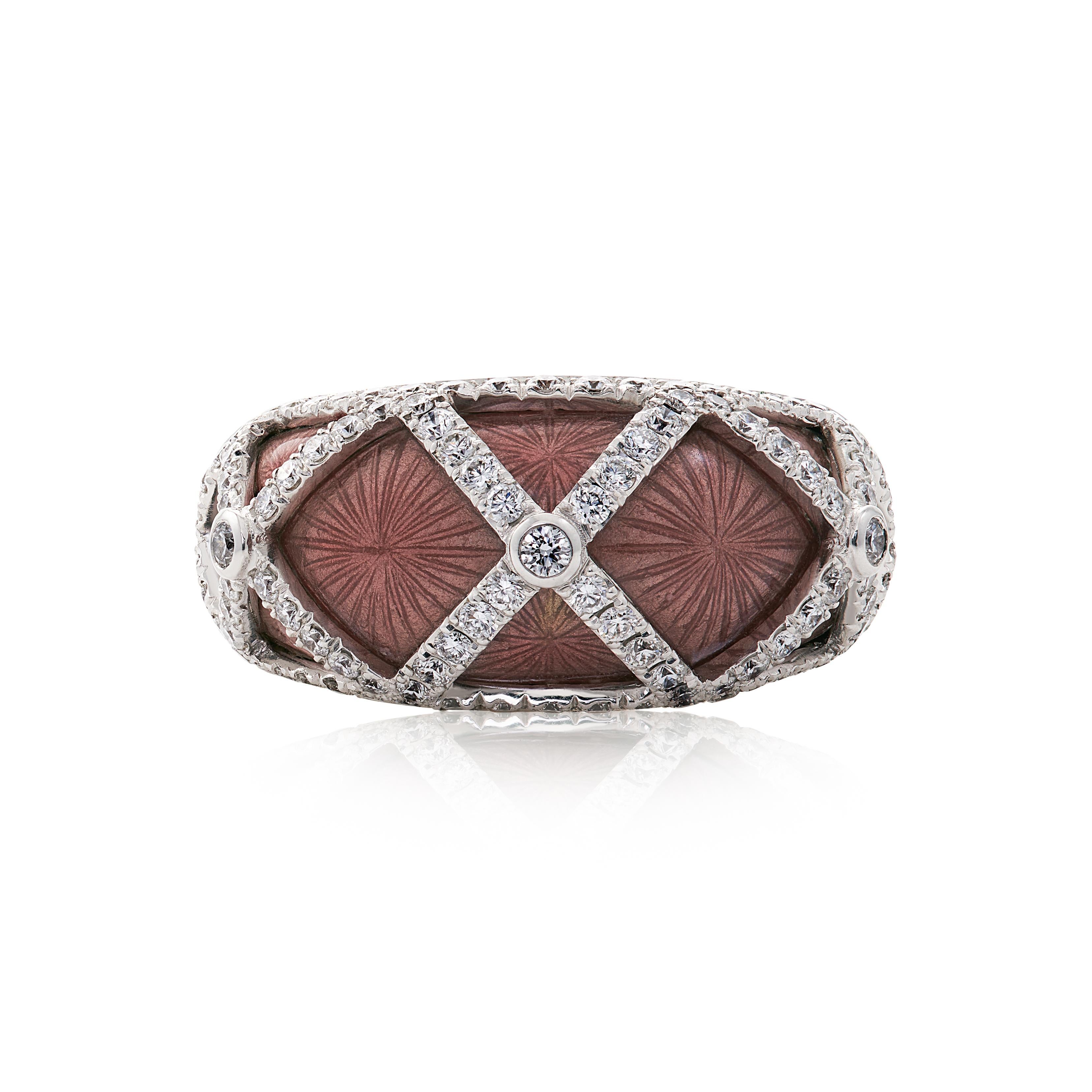 Contemporary 18ct White Gold Pink Enamel and Diamond Cocktail Ring For Sale