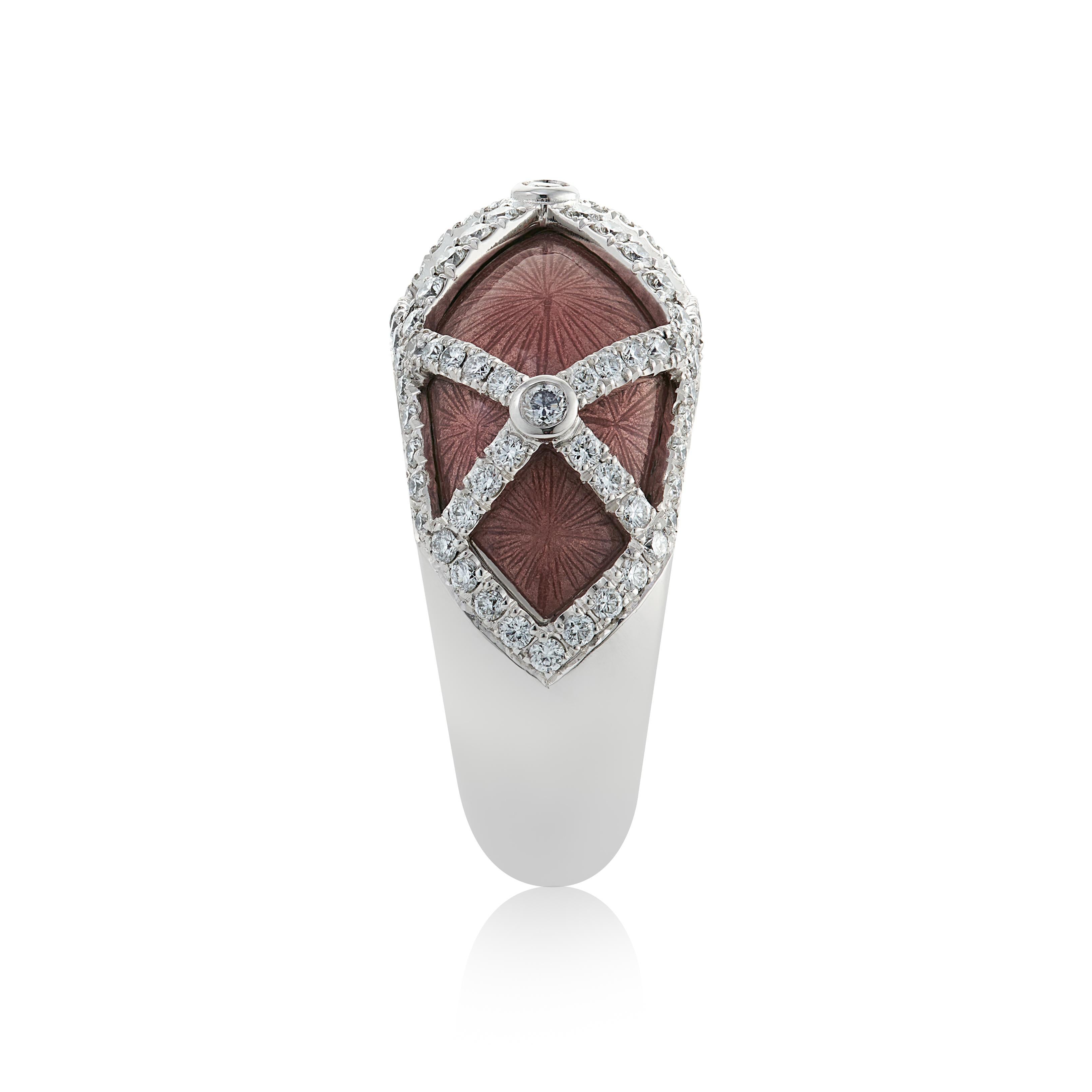 Brilliant Cut 18ct White Gold Pink Enamel and Diamond Cocktail Ring For Sale