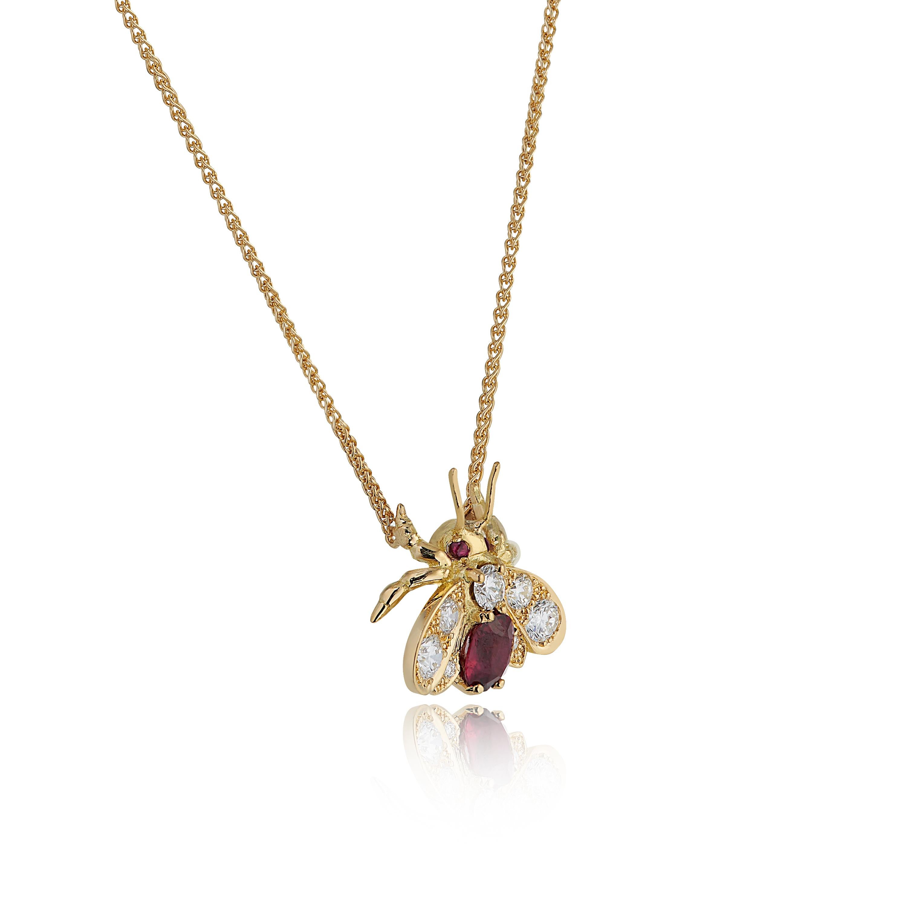 Modern 18ct Yellow Gold Diamond and Ruby Bug Pendant For Sale