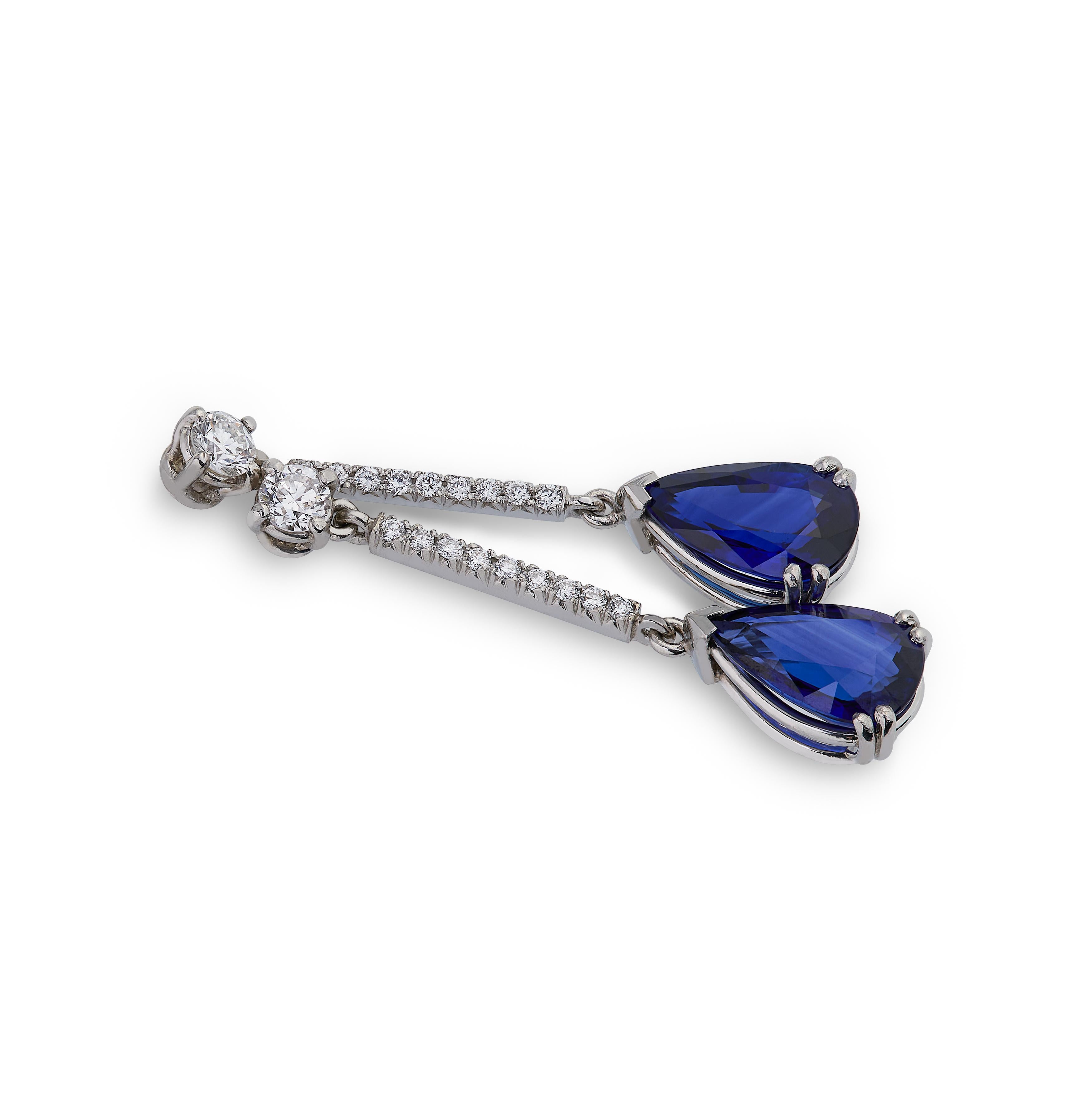 Pear Cut 2.80 Carats Sapphire and Diamond Drop Earrings in Platinum For Sale