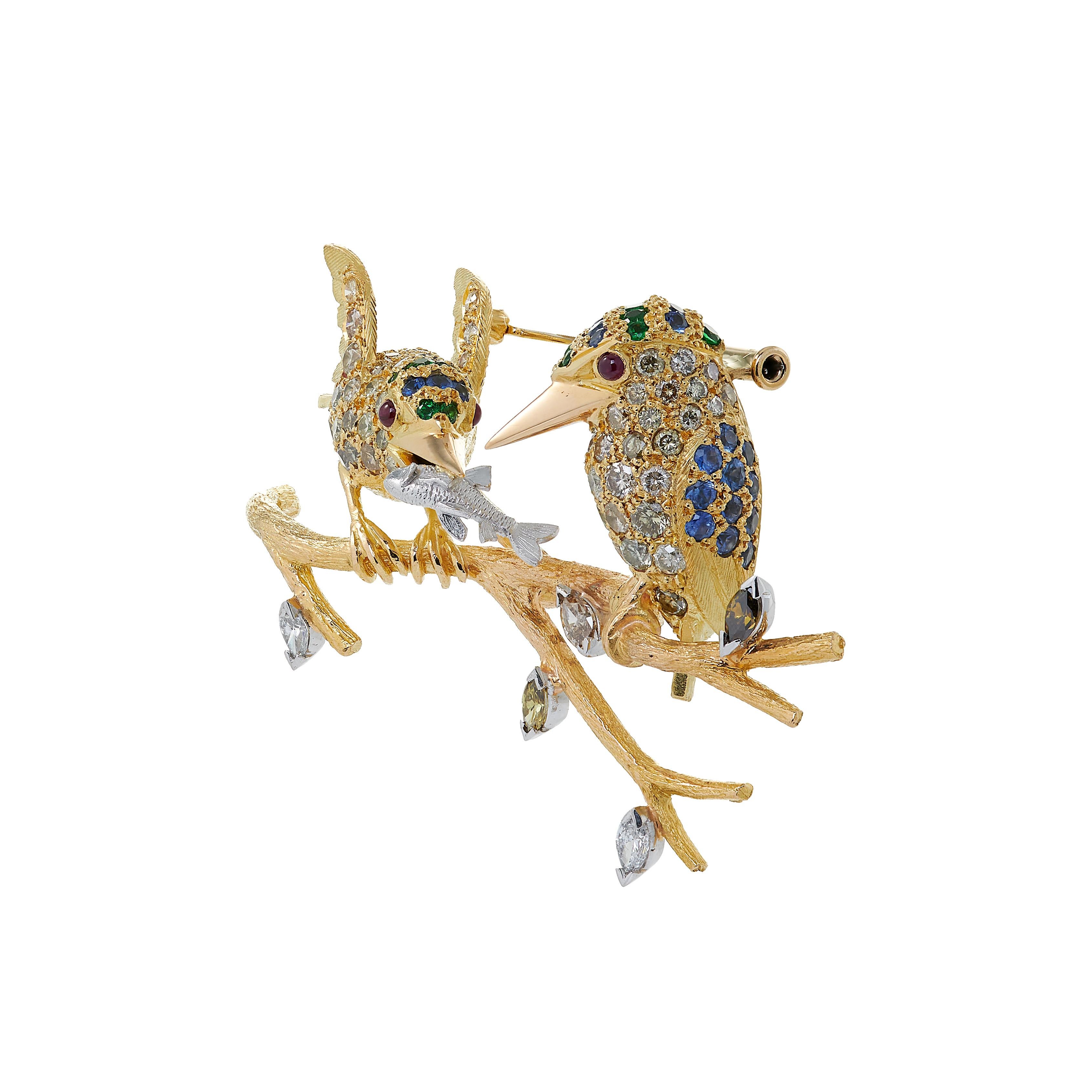 Modern Handmade 18 Carat Yellow and White Gold Kingfishers Brooch For Sale
