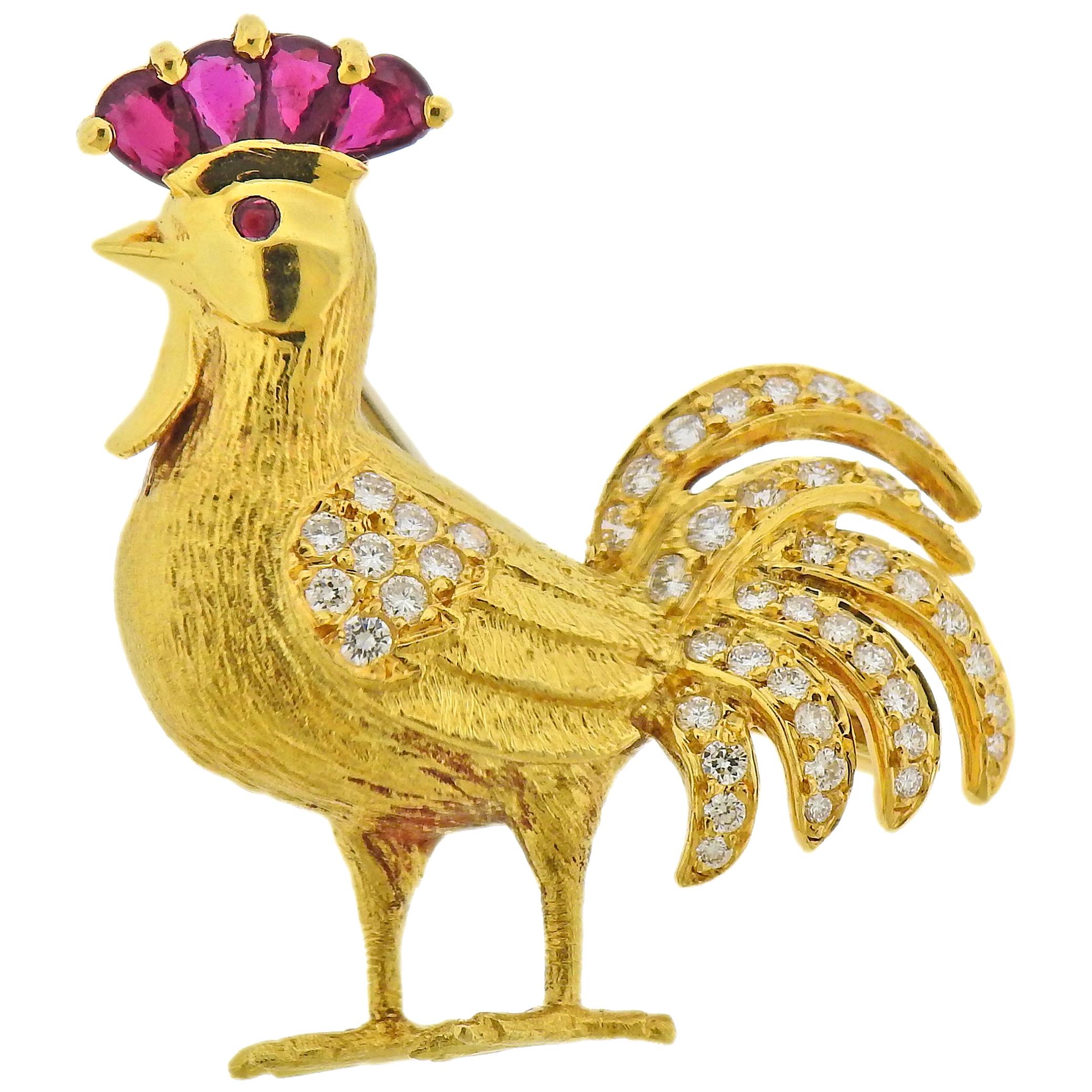E. Wolfe Diamond Ruby Gold Rooster Brooch Pin For Sale