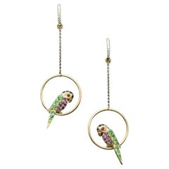 E. Wolfe for Hancocks Pair Gold and Multi Gem-Set Parrots Diamond Hoop Earrings