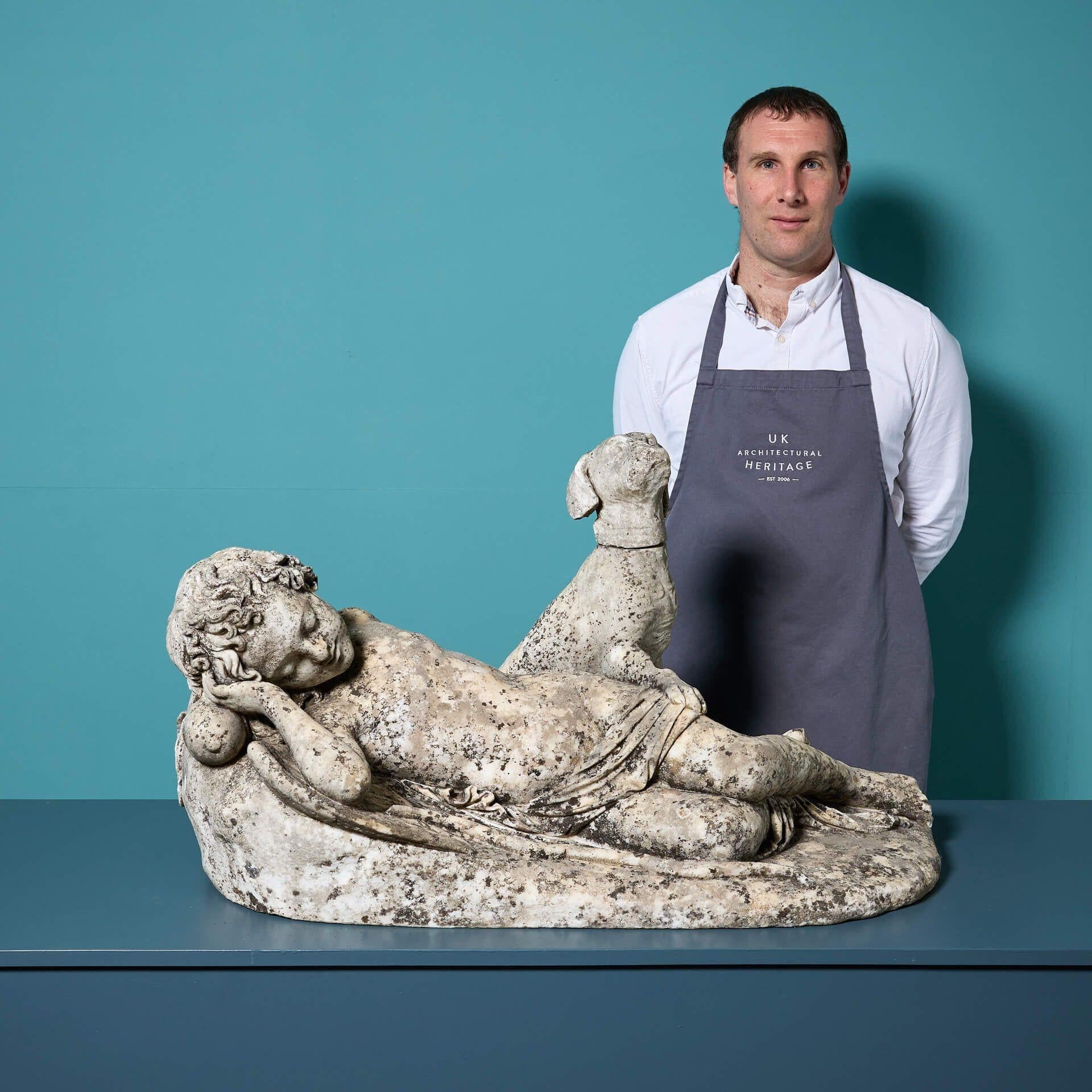 A beautifully weathered white statuary marble statue depicting a sleeping Cupid and his loyal dog by 19th century German artist, Emil Wolff (signed).
 
Marked ‘Roma 1870’, this sculpture is of Italian origin, the sculptor having relocated to Rome