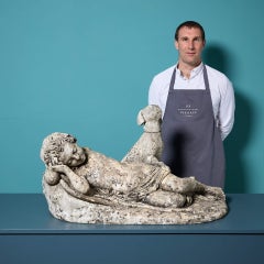 E. Wolff (1802-1879) Weathered Statuary Marble Sleeping Cupid & Dog Statue