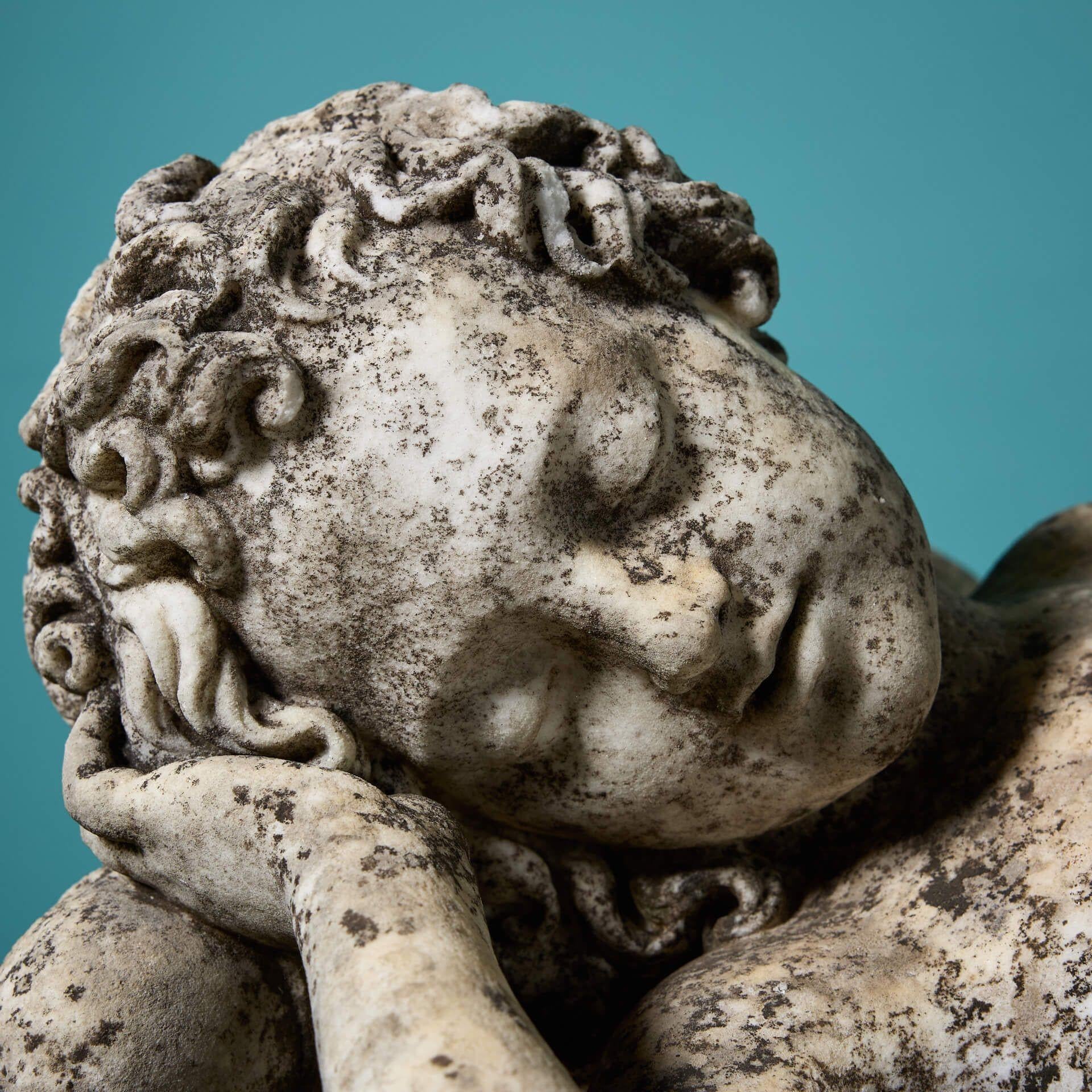 Italian E. Wolff (1802-1879) Weathered Statuary Marble Sleeping Cupid & Dog Statue For Sale