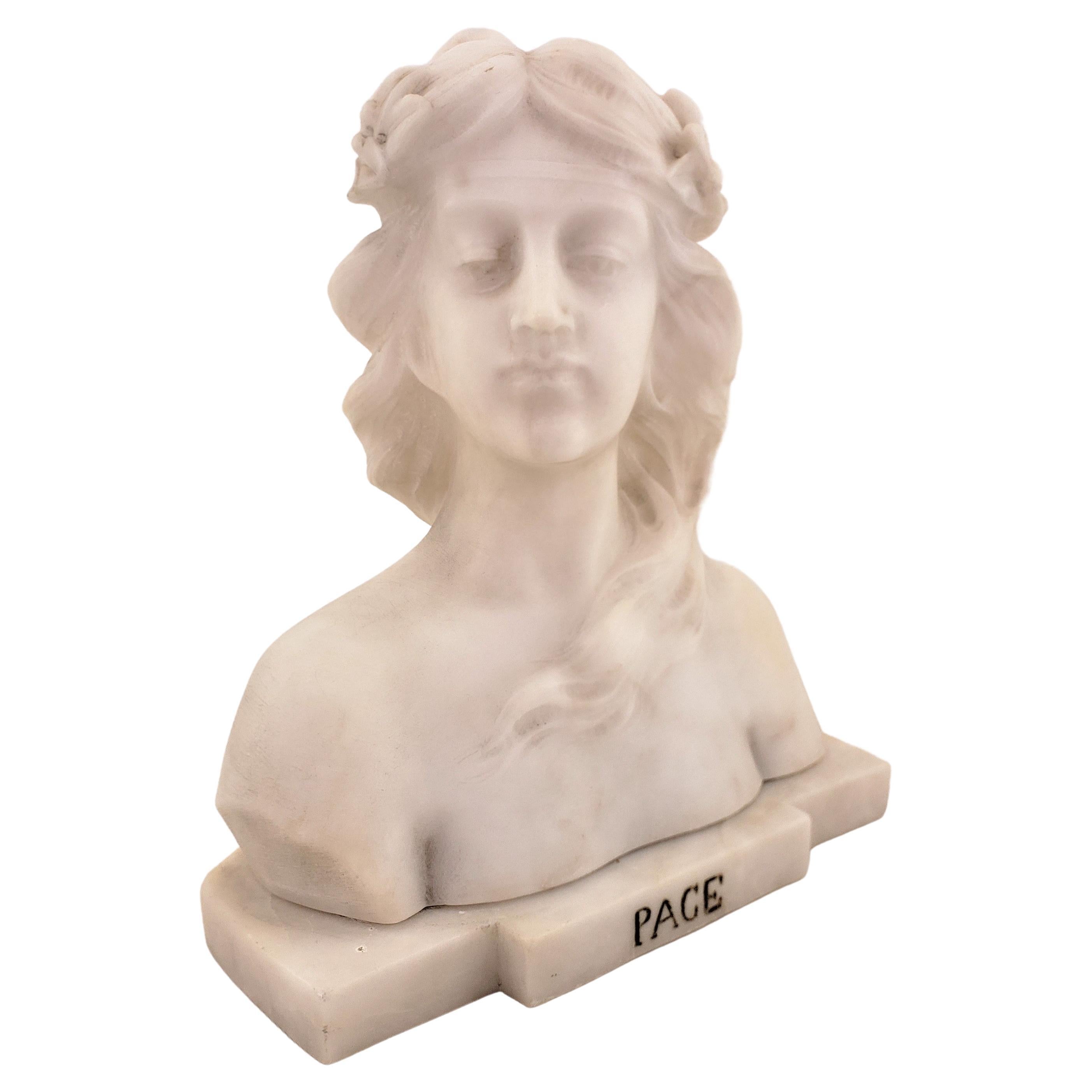 Signierte antike Büste oder Skulptur einer jungen weiblichen „Pace“ aus weißem Marmor, E. Zocchi