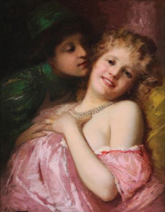 Whispering Lovers, 19th Century Oil on Panel Painting, Framed, Signed